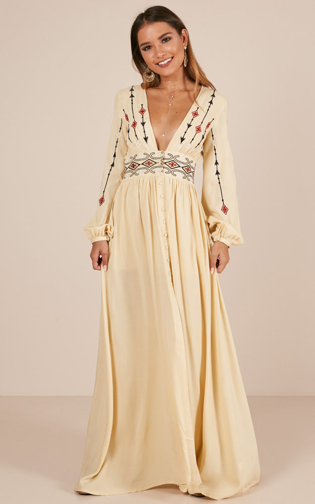 Sweet Relief Maxi Dress In Beige Embroidery