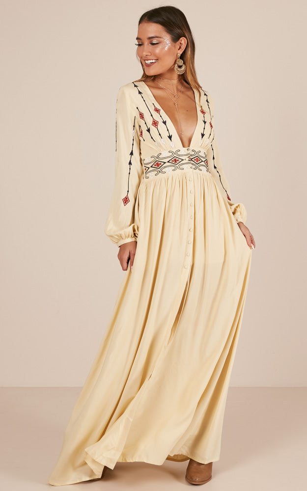 Sweet Relief Maxi Dress In Beige Embroidery