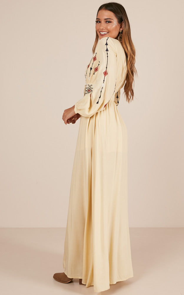 Sweet Relief Maxi Dress In Beige Embroidery