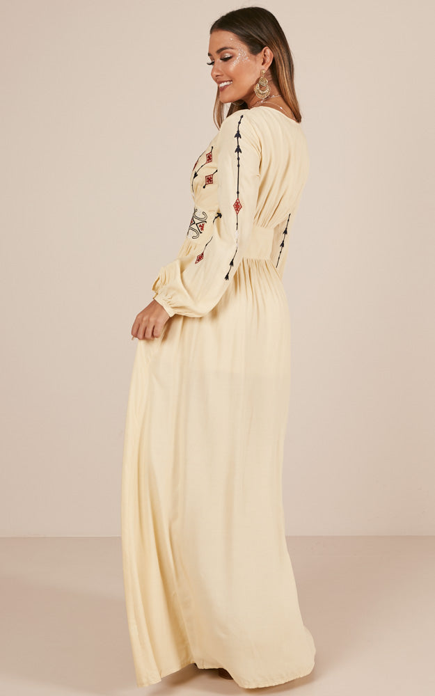 Sweet Relief Maxi Dress In Beige Embroidery