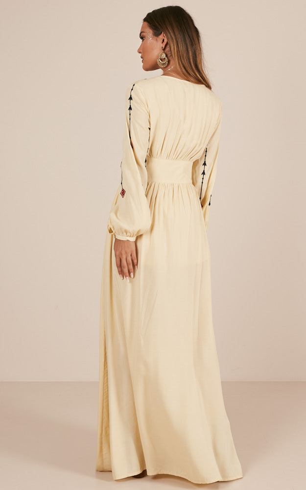 Sweet Relief Maxi Dress In Beige Embroidery