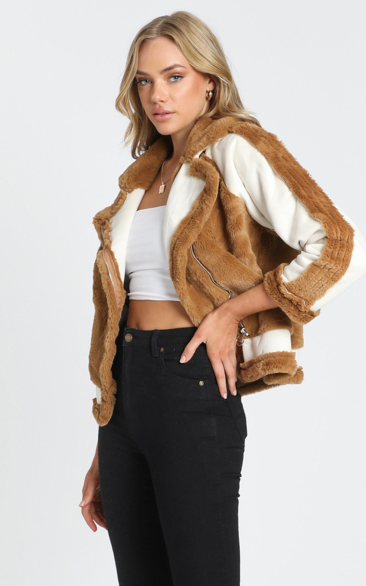 Layering Love Faux Fur Panel Jacket in Tan