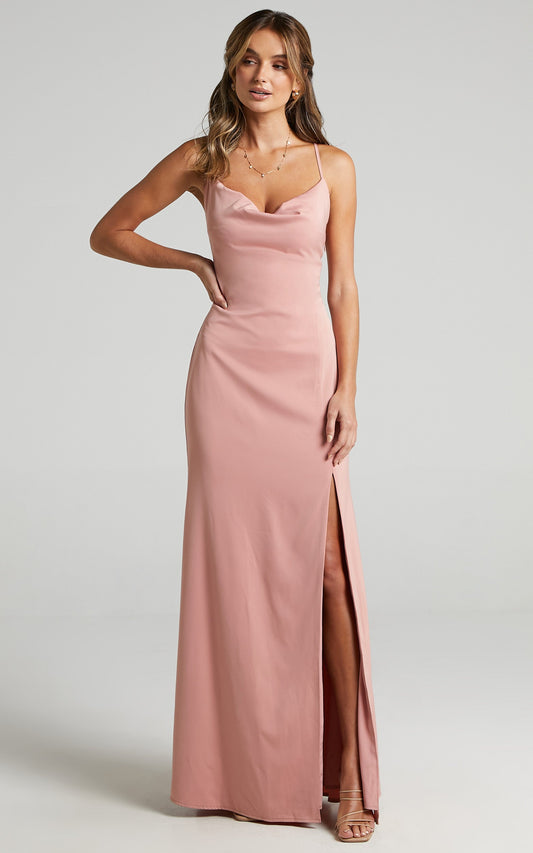 A Final Toast Midi Dress - Cowl Neck Thigh Split Dress in Peach Satin