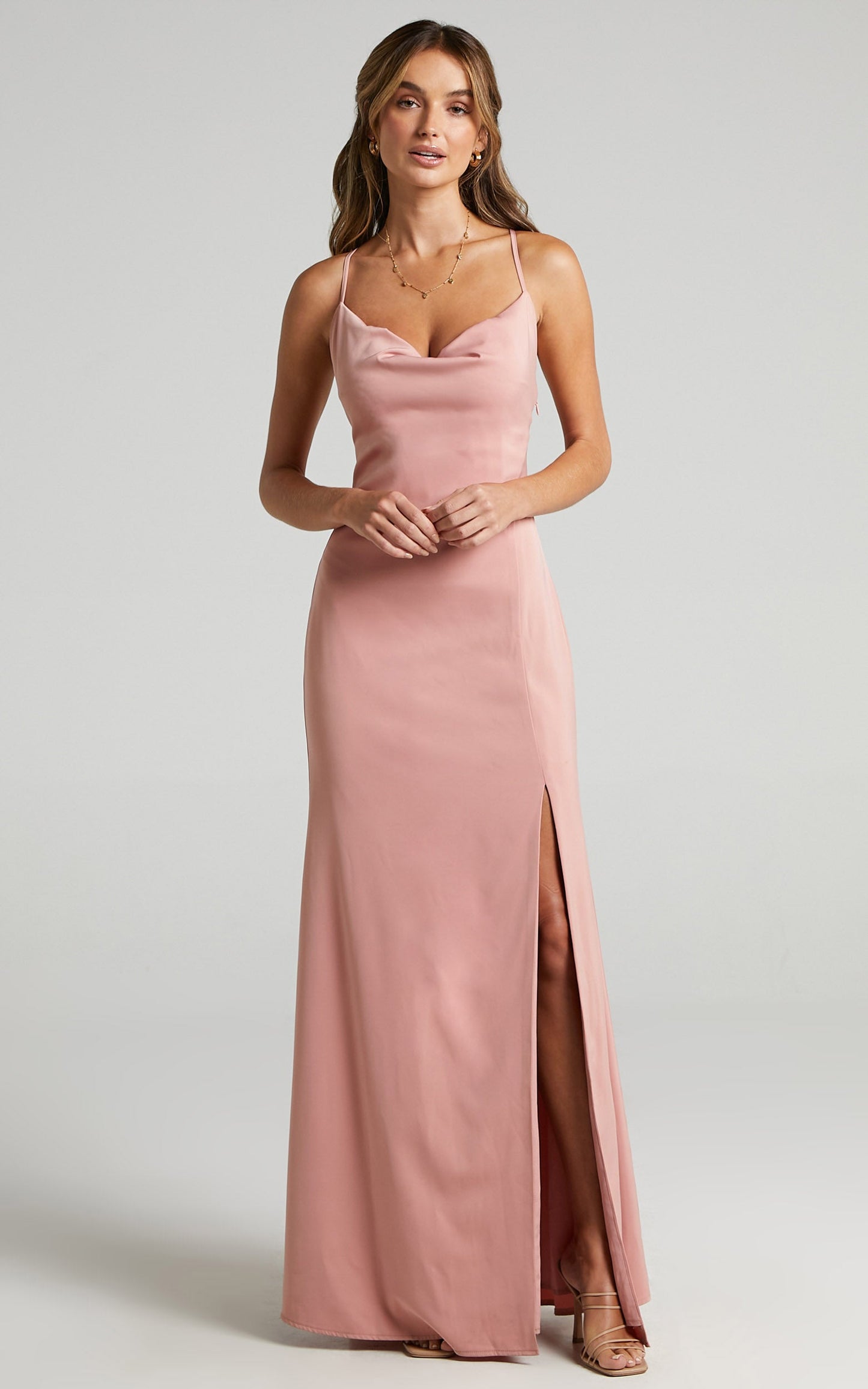 A Final Toast Midi Dress - Cowl Neck Thigh Split Dress in Peach Satin