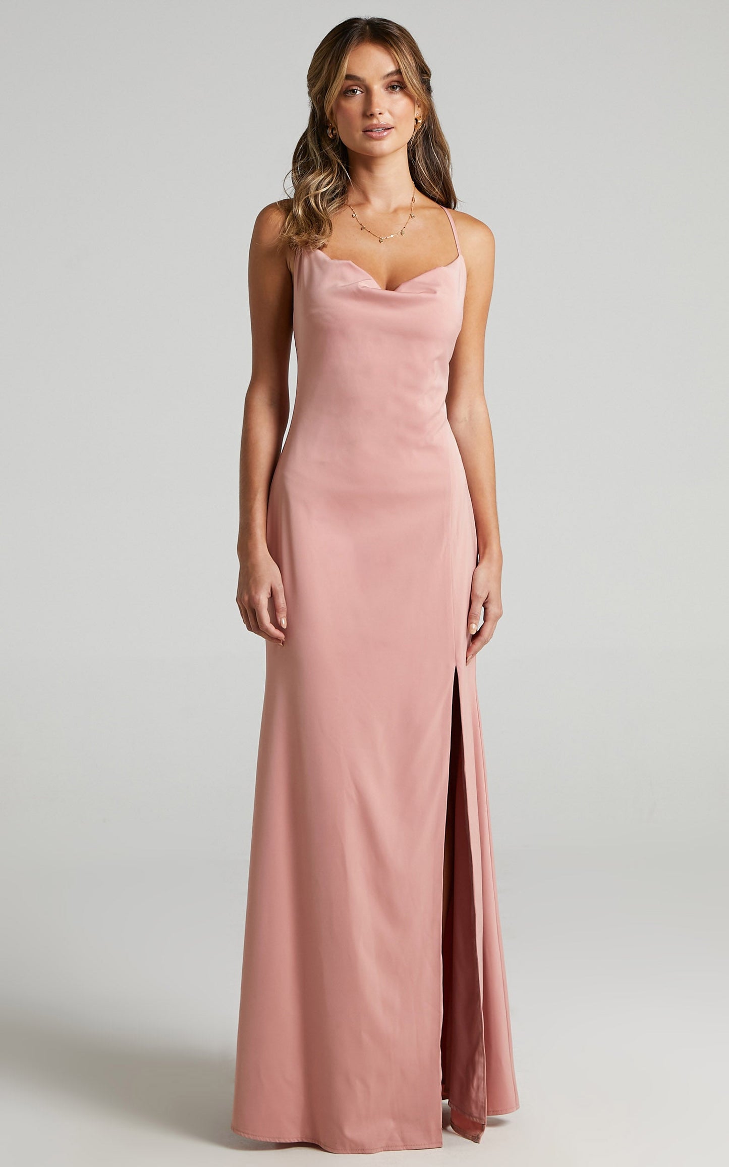 A Final Toast Midi Dress - Cowl Neck Thigh Split Dress in Peach Satin