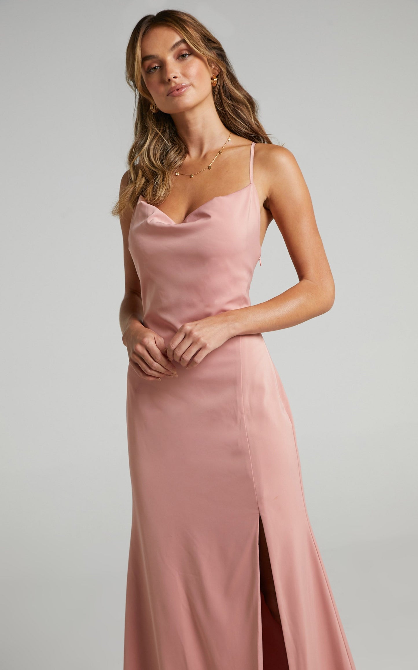 A Final Toast Midi Dress - Cowl Neck Thigh Split Dress in Peach Satin