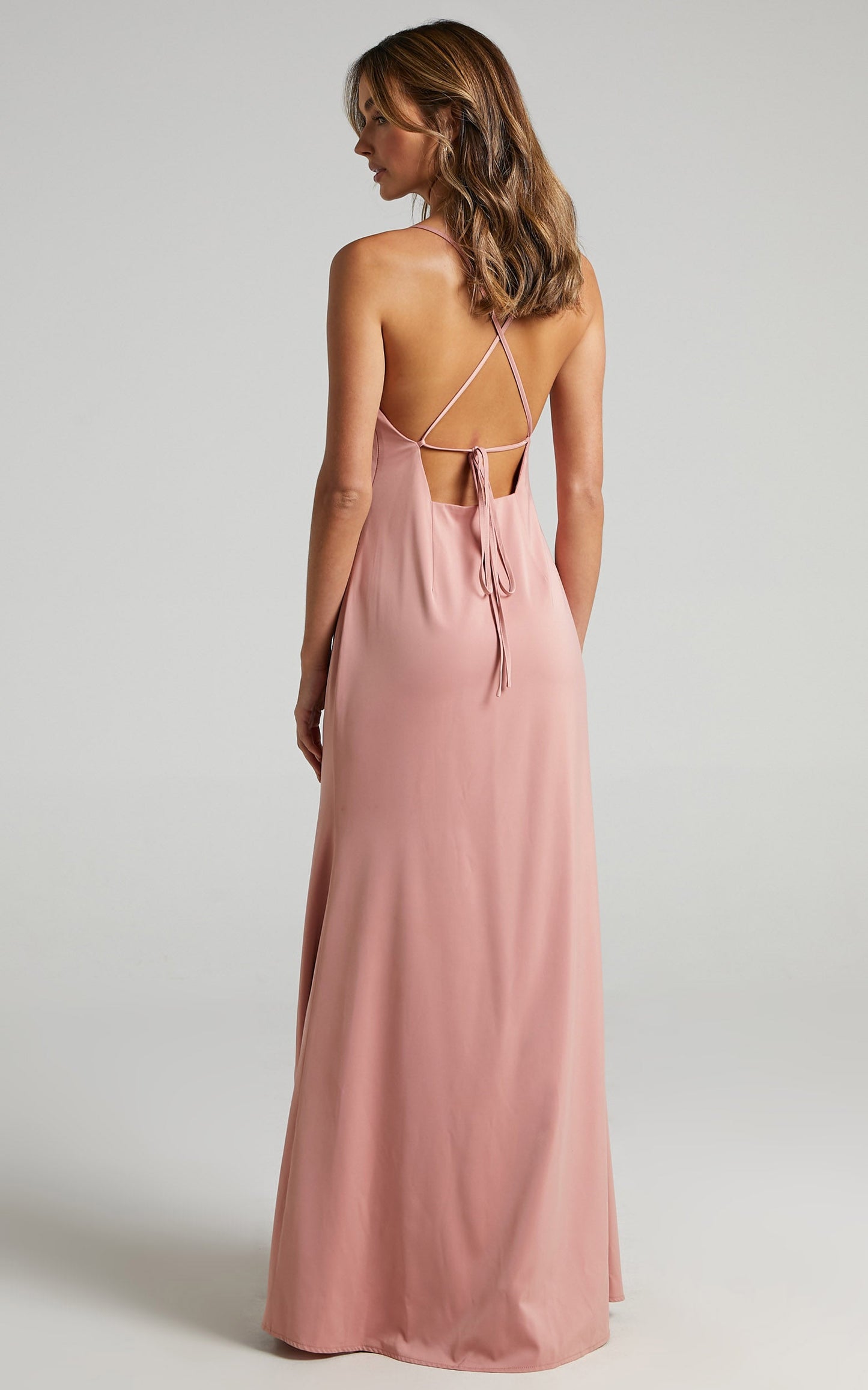 A Final Toast Midi Dress - Cowl Neck Thigh Split Dress in Peach Satin
