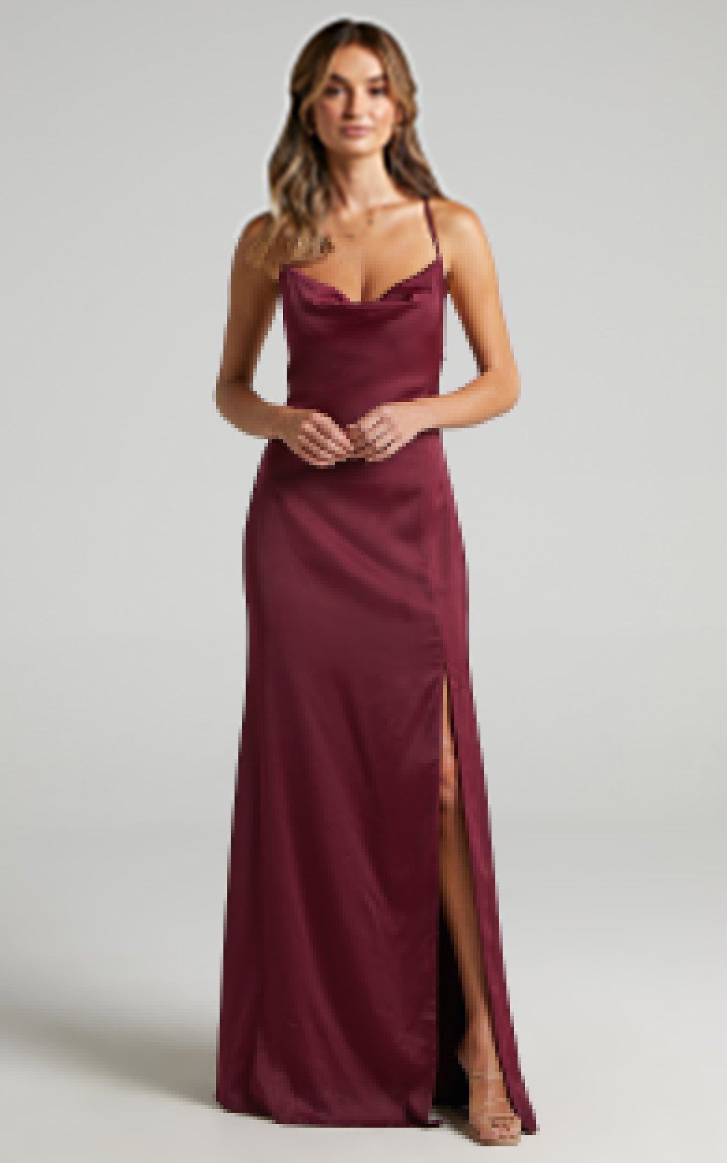 A Final Toast Midi Dress - Cowl Neck Thigh Split Dress in Mulberry Satin