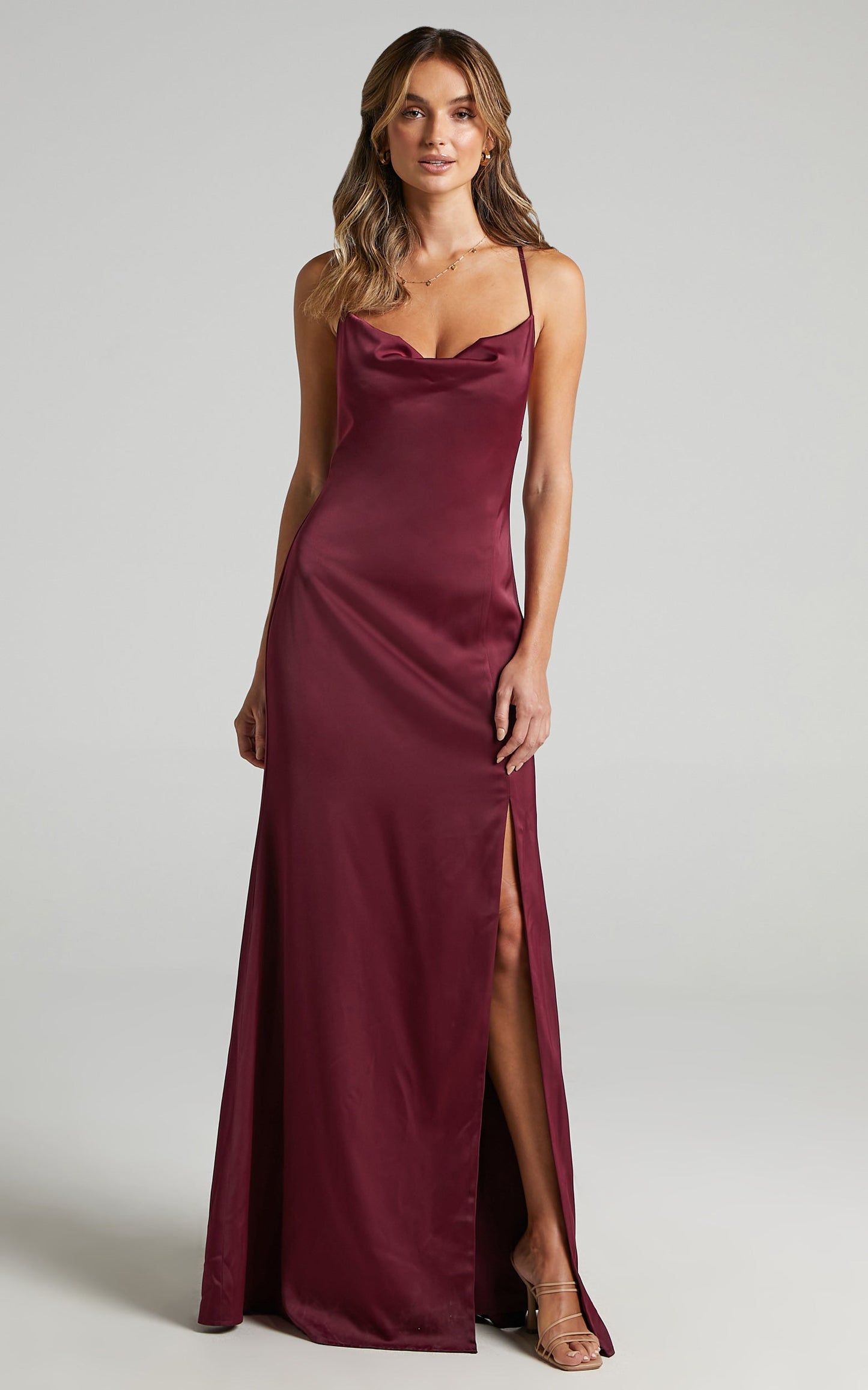 A Final Toast Midi Dress - Cowl Neck Thigh Split Dress in Mulberry Satin