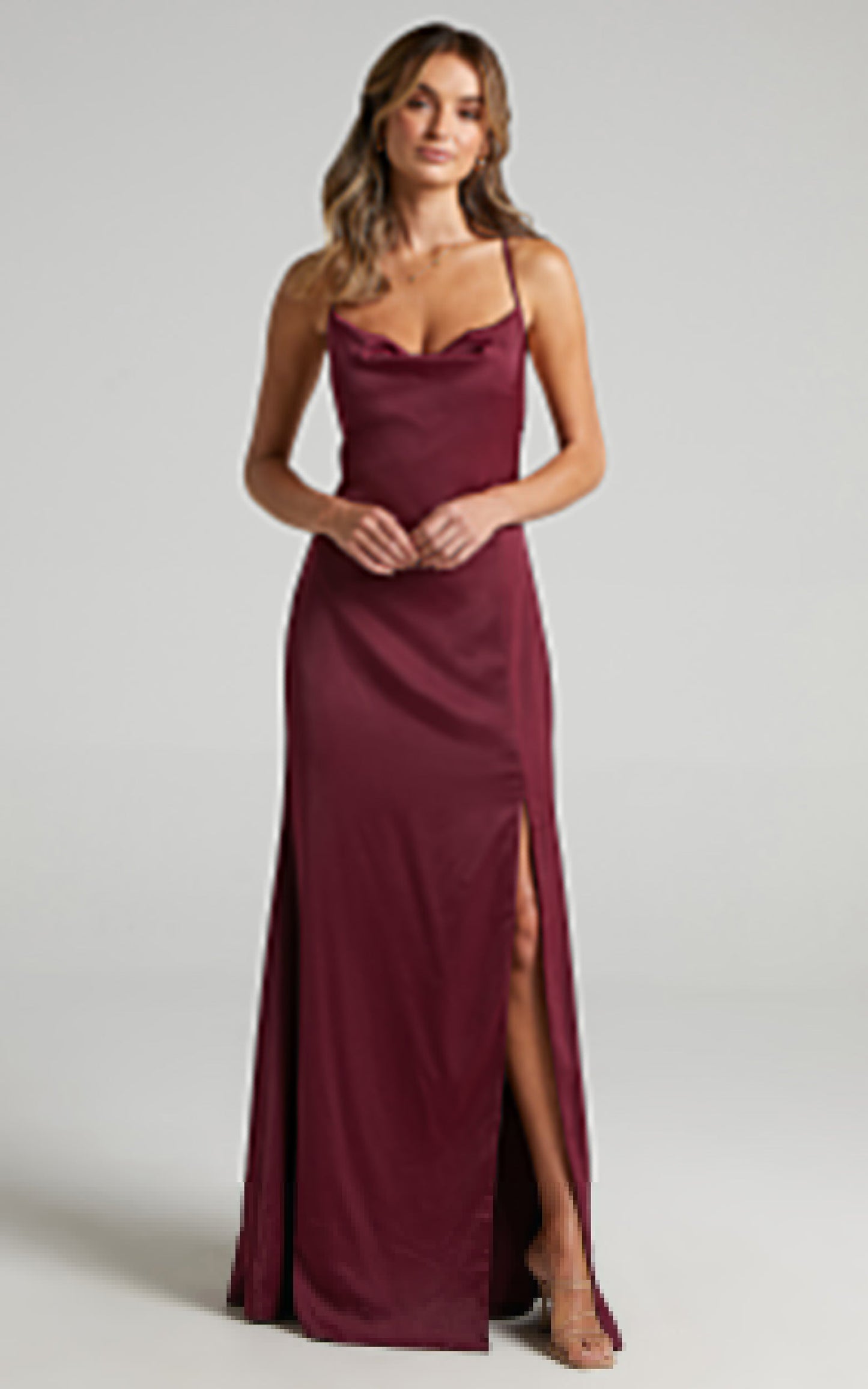 A Final Toast Midi Dress - Cowl Neck Thigh Split Dress in Mulberry Satin