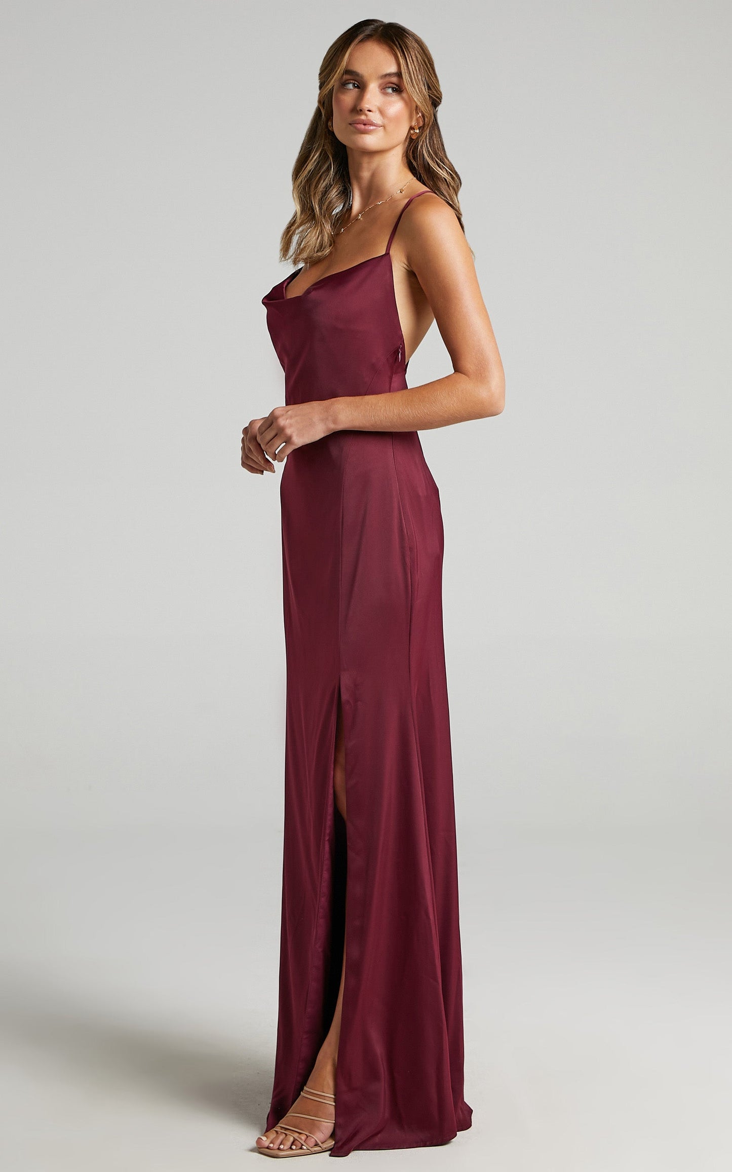 A Final Toast Midi Dress - Cowl Neck Thigh Split Dress in Mulberry Satin