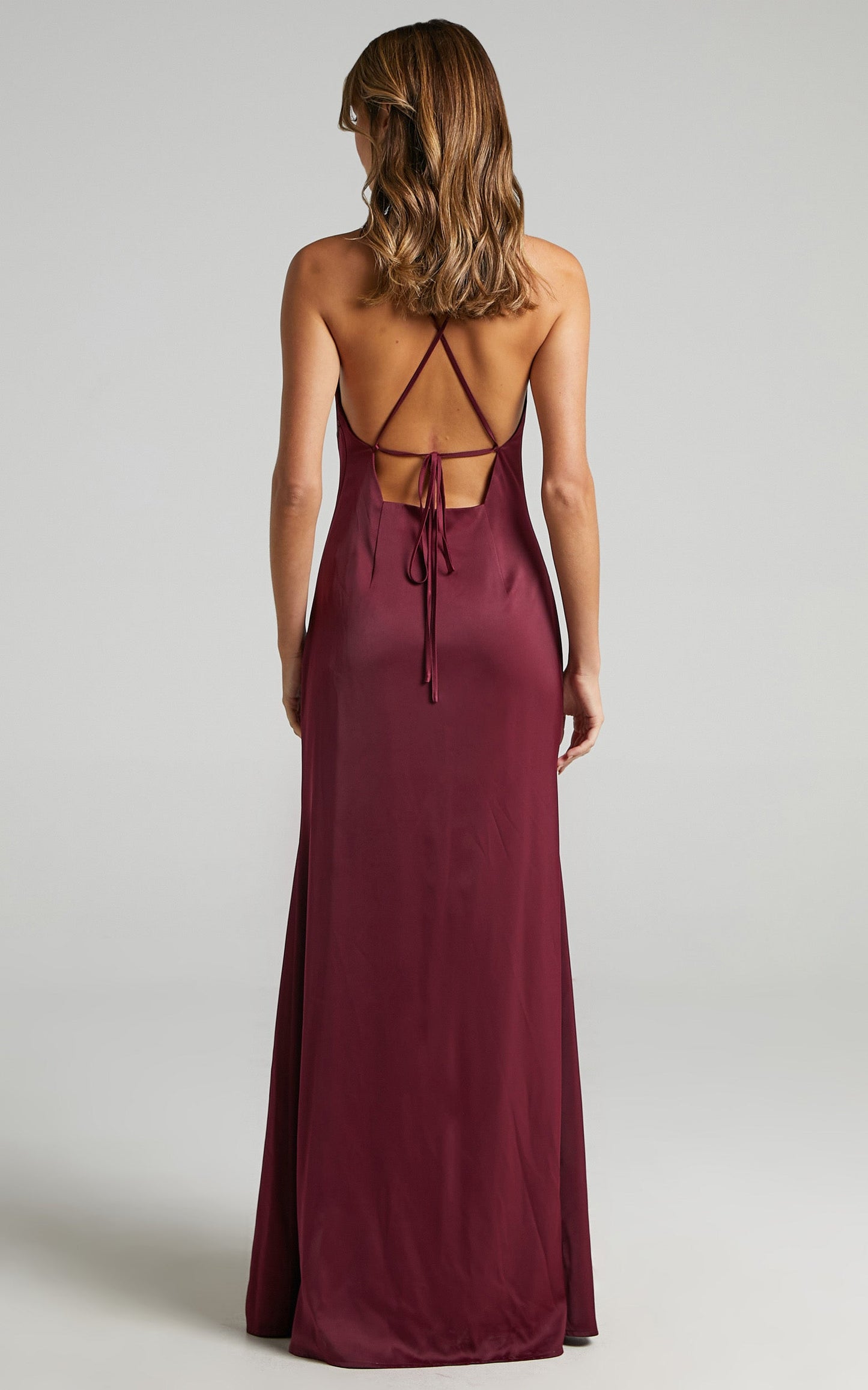 A Final Toast Midi Dress - Cowl Neck Thigh Split Dress in Mulberry Satin