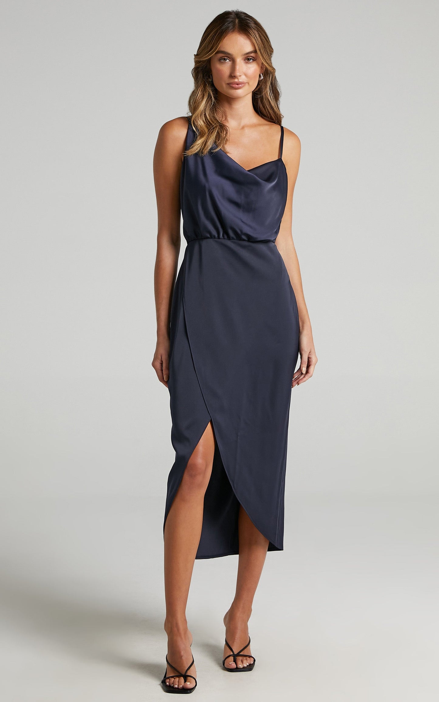 Sisters By Heart Midi Dress -  Asymmetric Cowl Neck Dress in Navy Satin