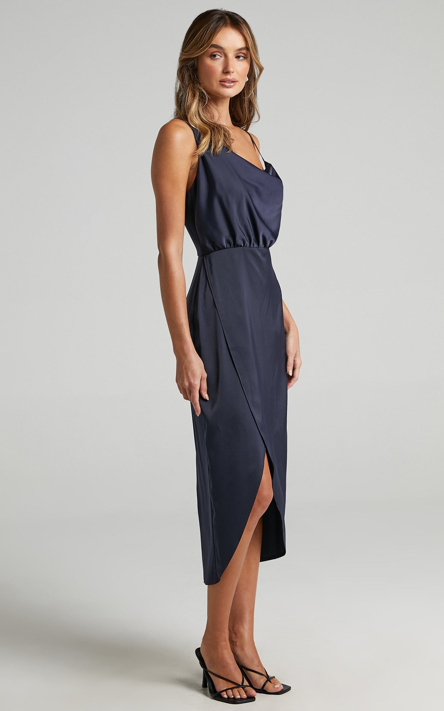 Sisters By Heart Midi Dress -  Asymmetric Cowl Neck Dress in Navy Satin