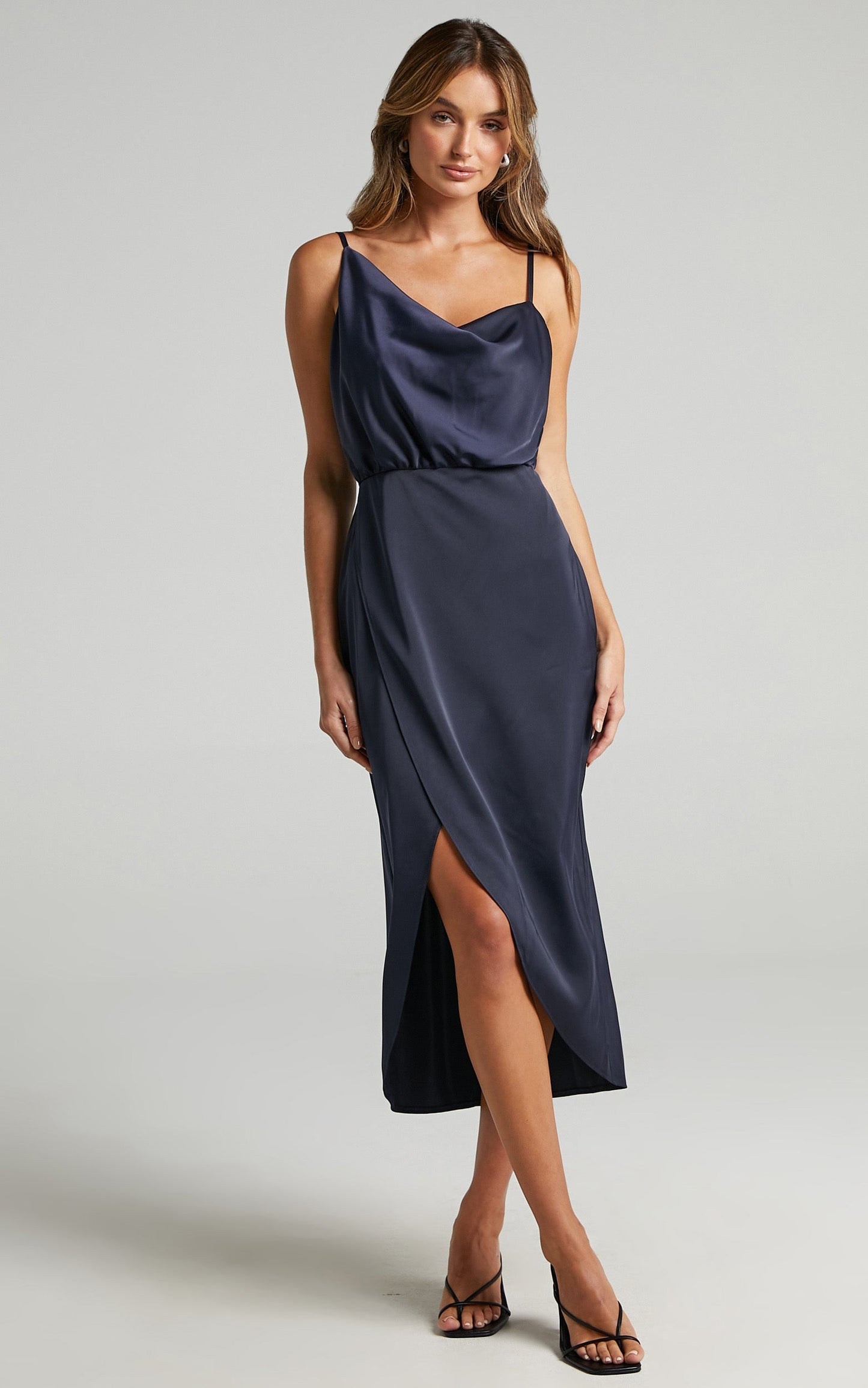 Sisters By Heart Midi Dress -  Asymmetric Cowl Neck Dress in Navy Satin