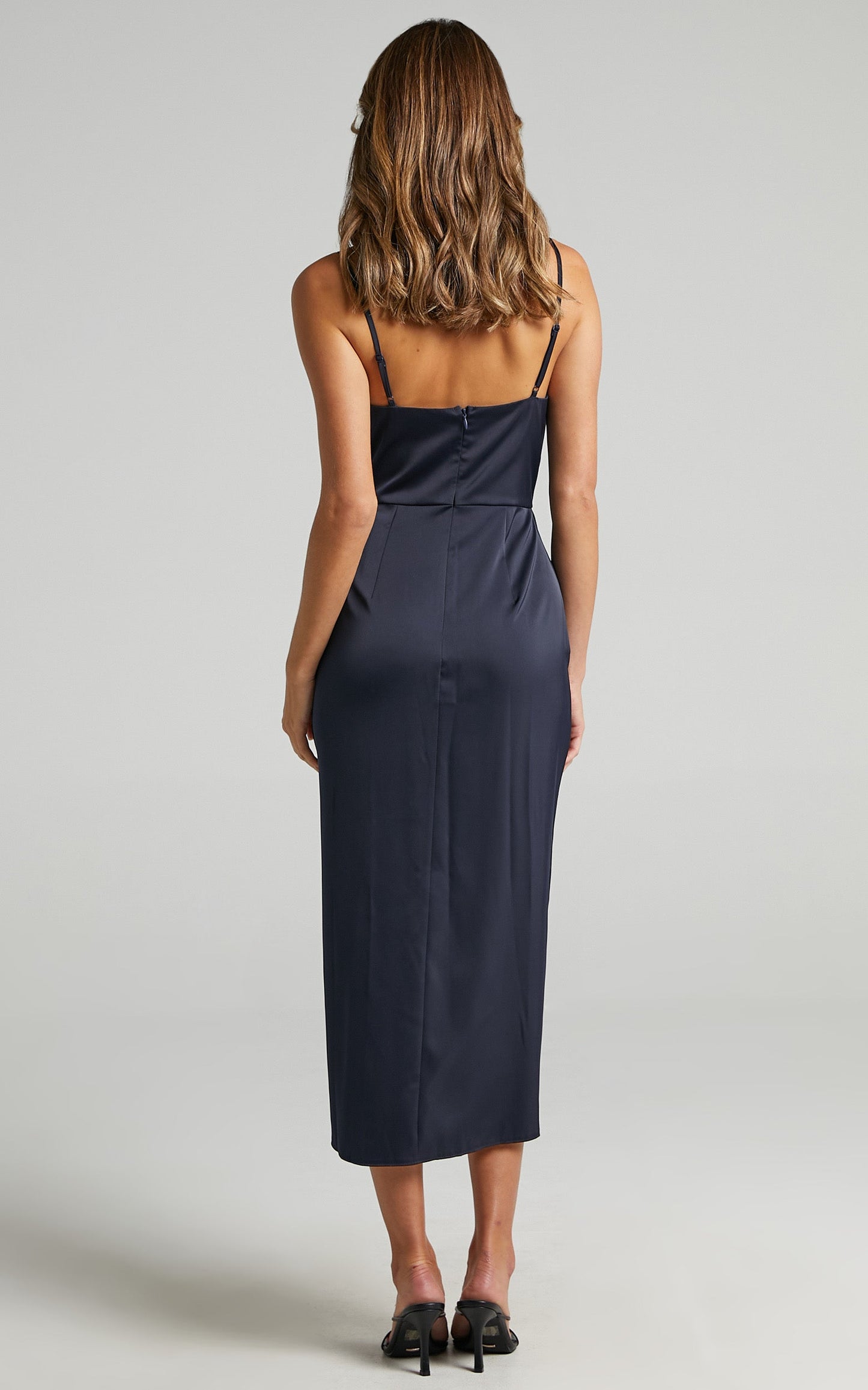 Sisters By Heart Midi Dress -  Asymmetric Cowl Neck Dress in Navy Satin