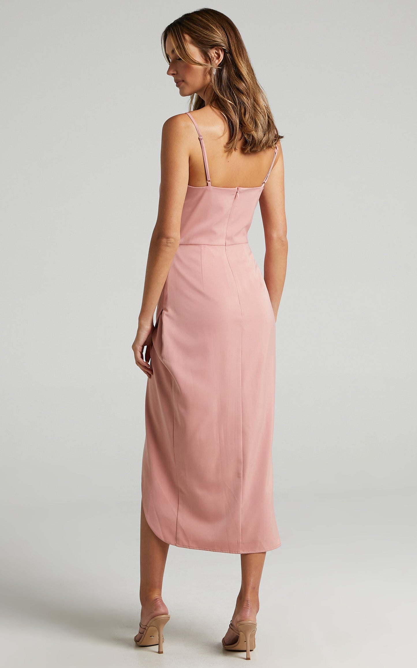 Dazzling Lights Midi Dress - Cowl Neck Draped Dress in Peach Satin