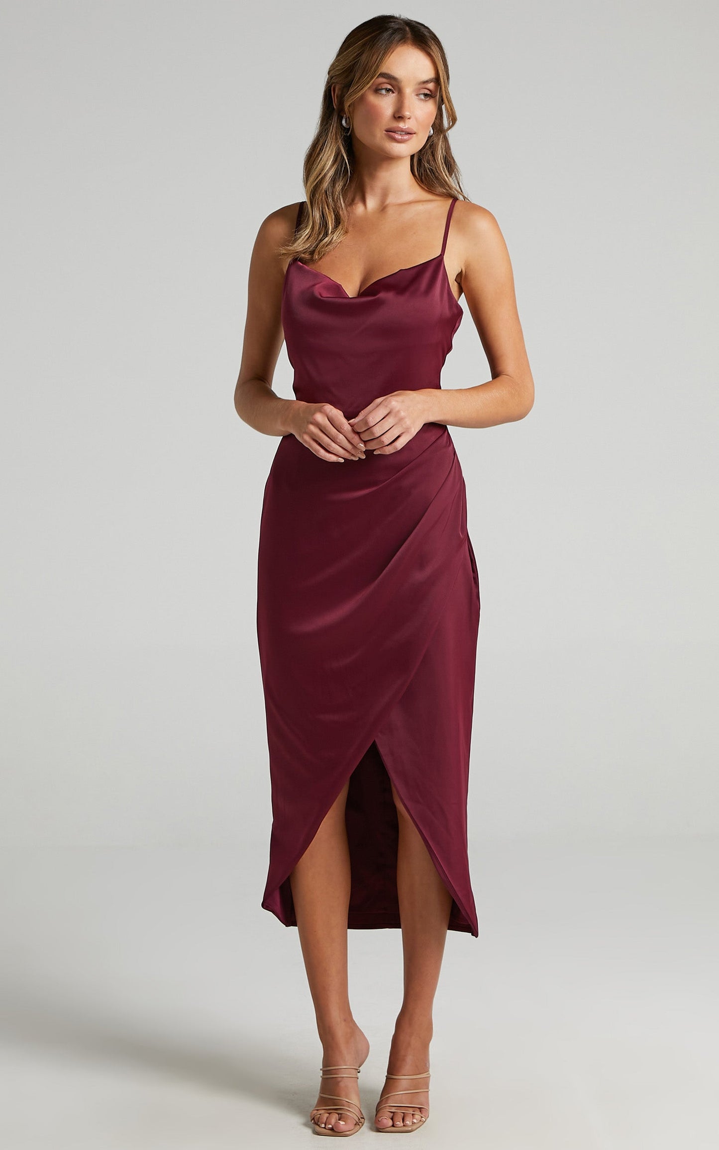 Dazzling Lights Midi Dress - Cowl Neck Draped Dress in Mulberry Satin