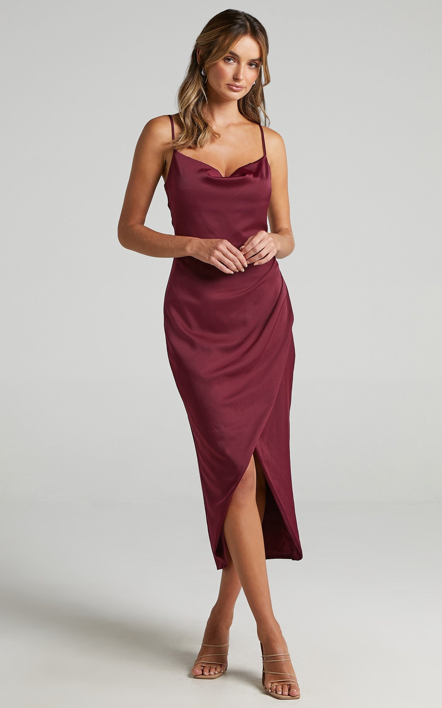 Dazzling Lights Midi Dress - Cowl Neck Draped Dress in Mulberry Satin