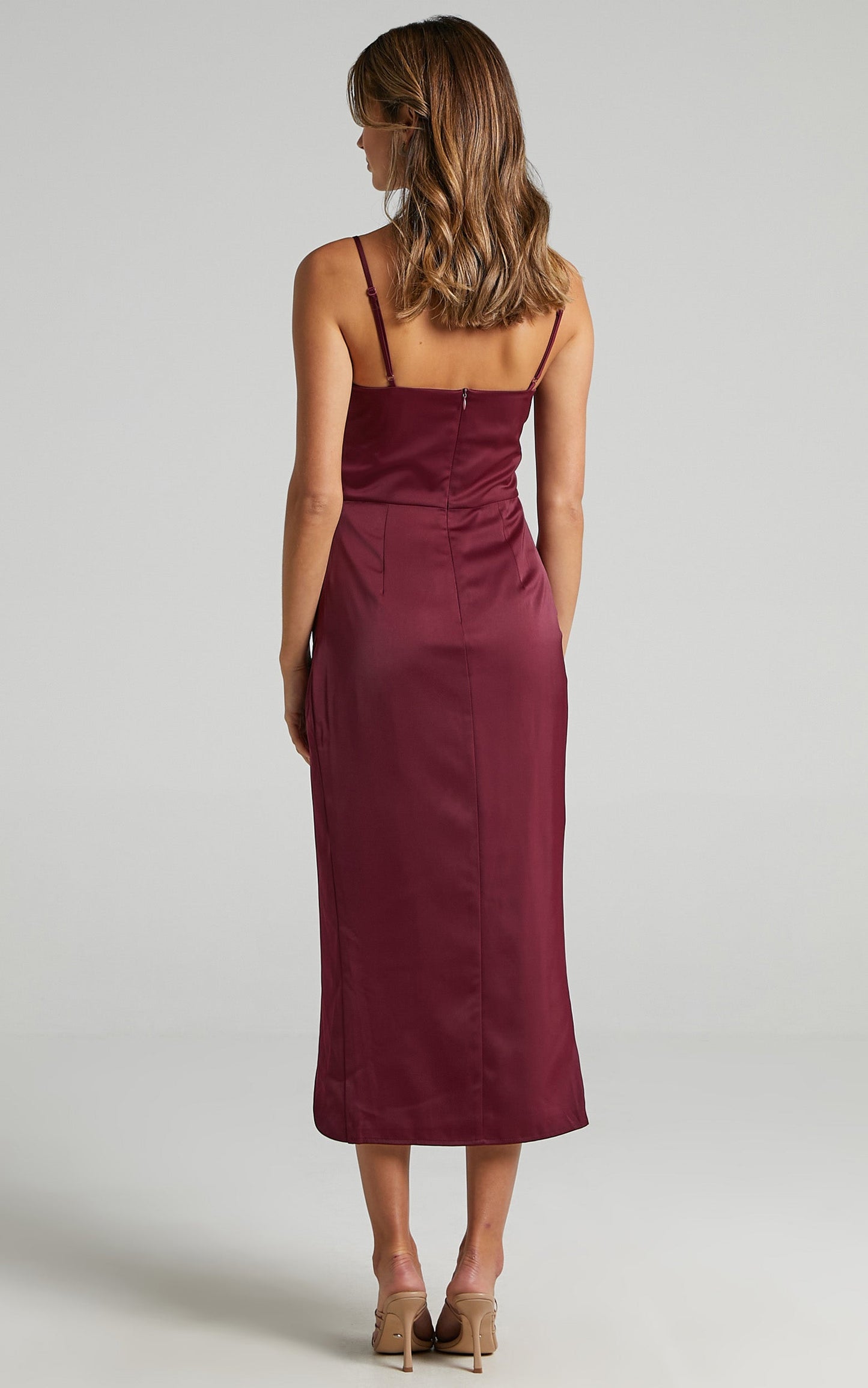 Dazzling Lights Midi Dress - Cowl Neck Draped Dress in Mulberry Satin