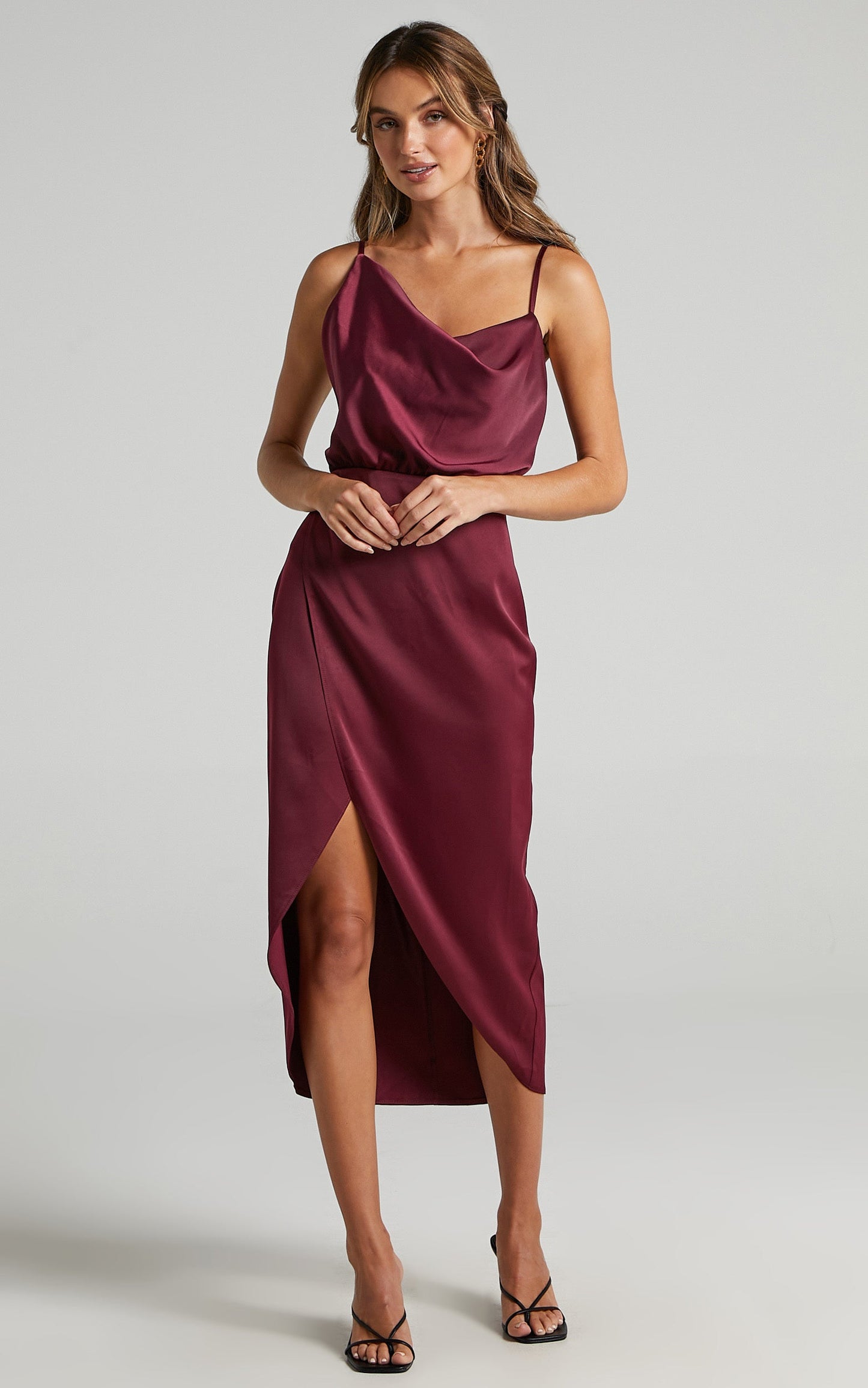 Sisters By Heart Midi Dress -  Asymmetric Cowl Neck Dress in Mulberry Satin