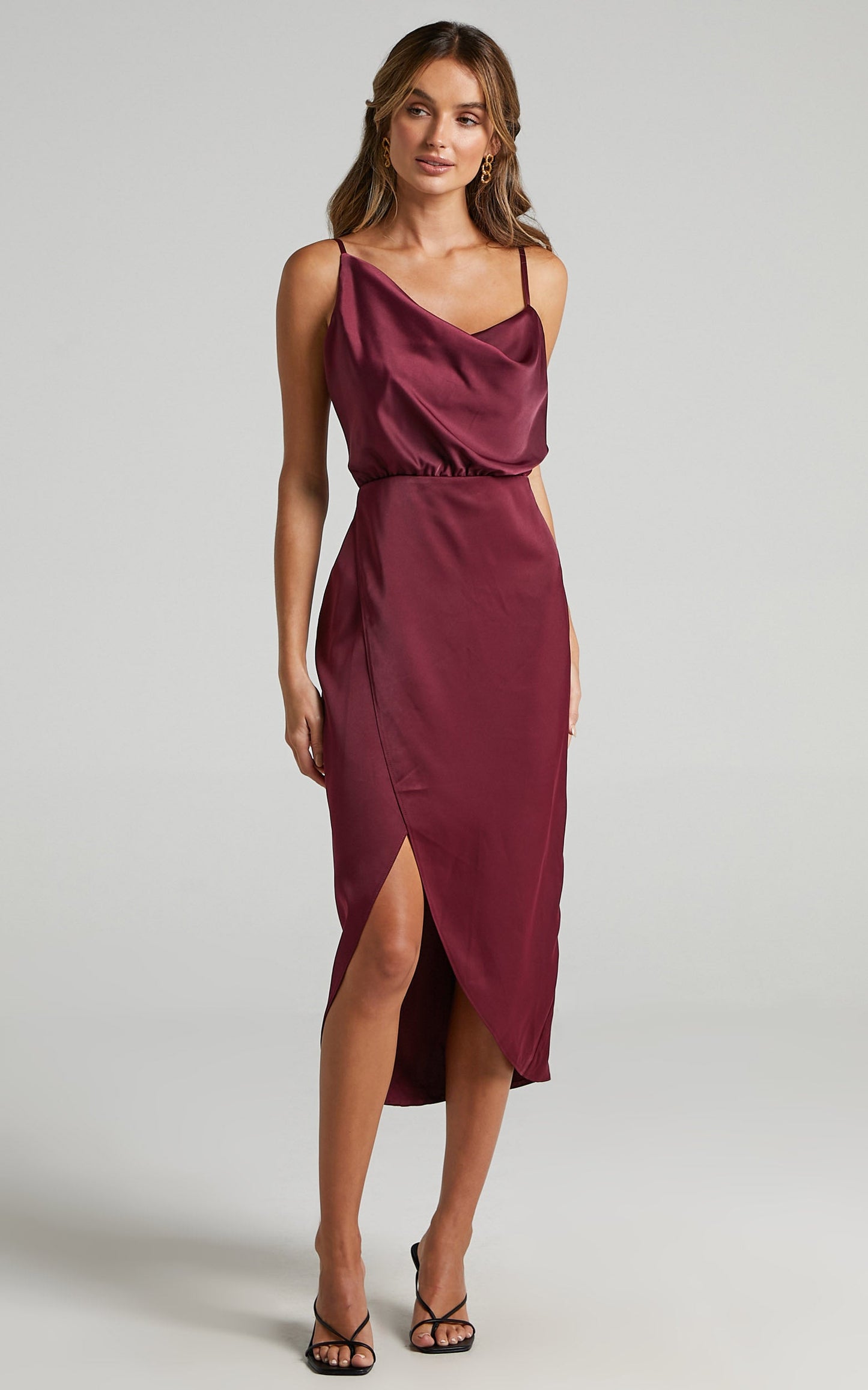 Sisters By Heart Midi Dress -  Asymmetric Cowl Neck Dress in Mulberry Satin