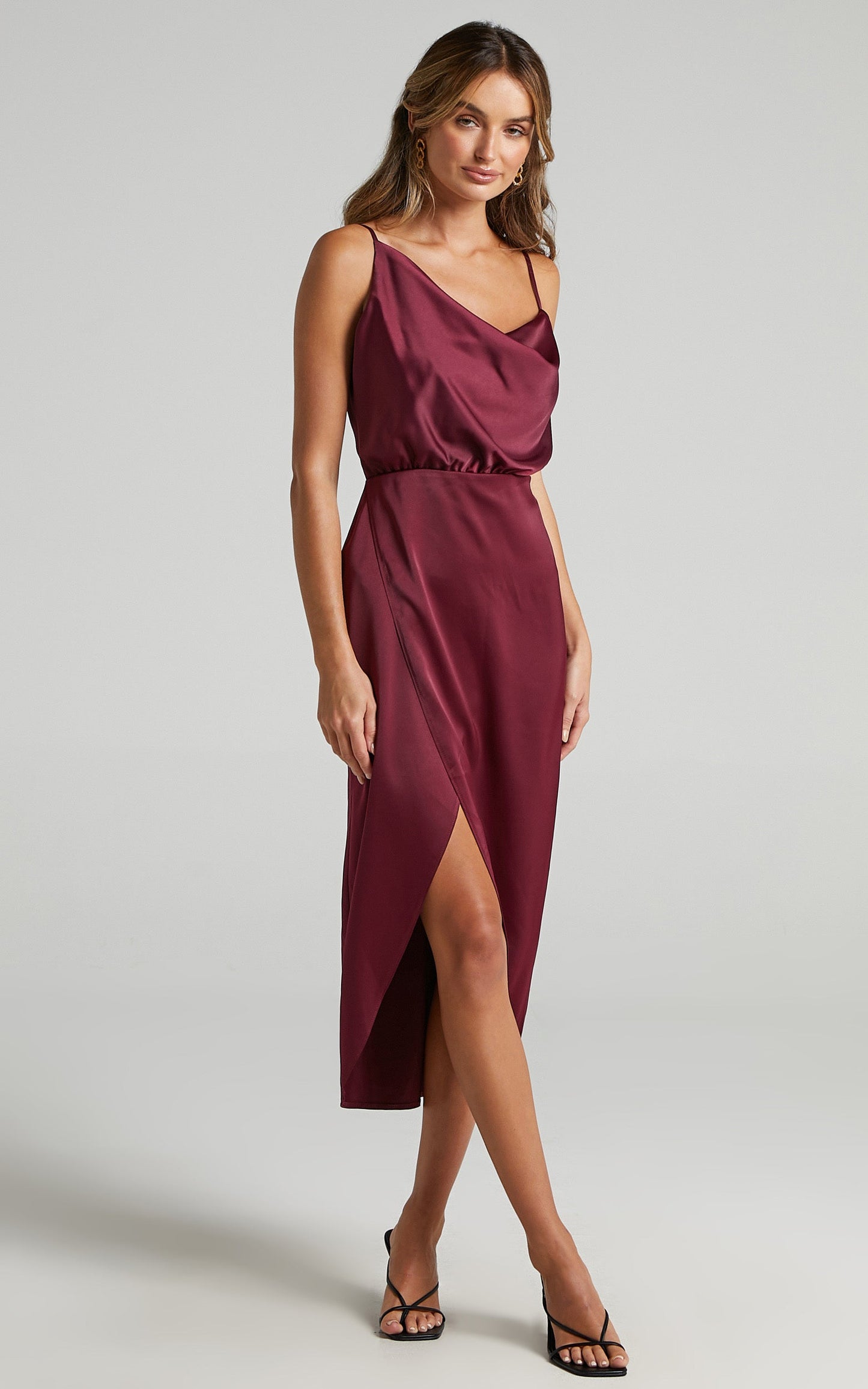 Sisters By Heart Midi Dress -  Asymmetric Cowl Neck Dress in Mulberry Satin