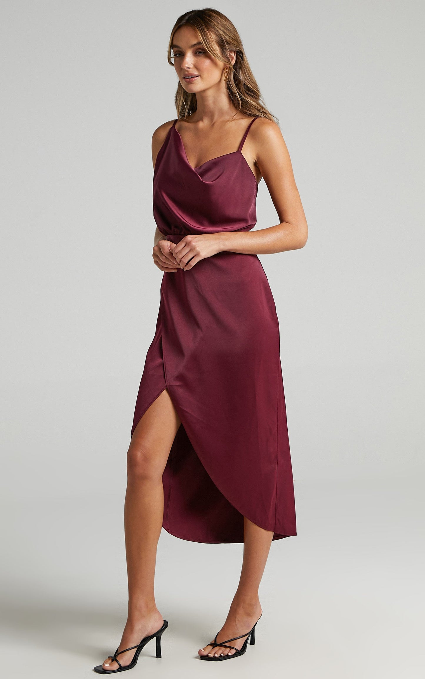 Sisters By Heart Midi Dress -  Asymmetric Cowl Neck Dress in Mulberry Satin