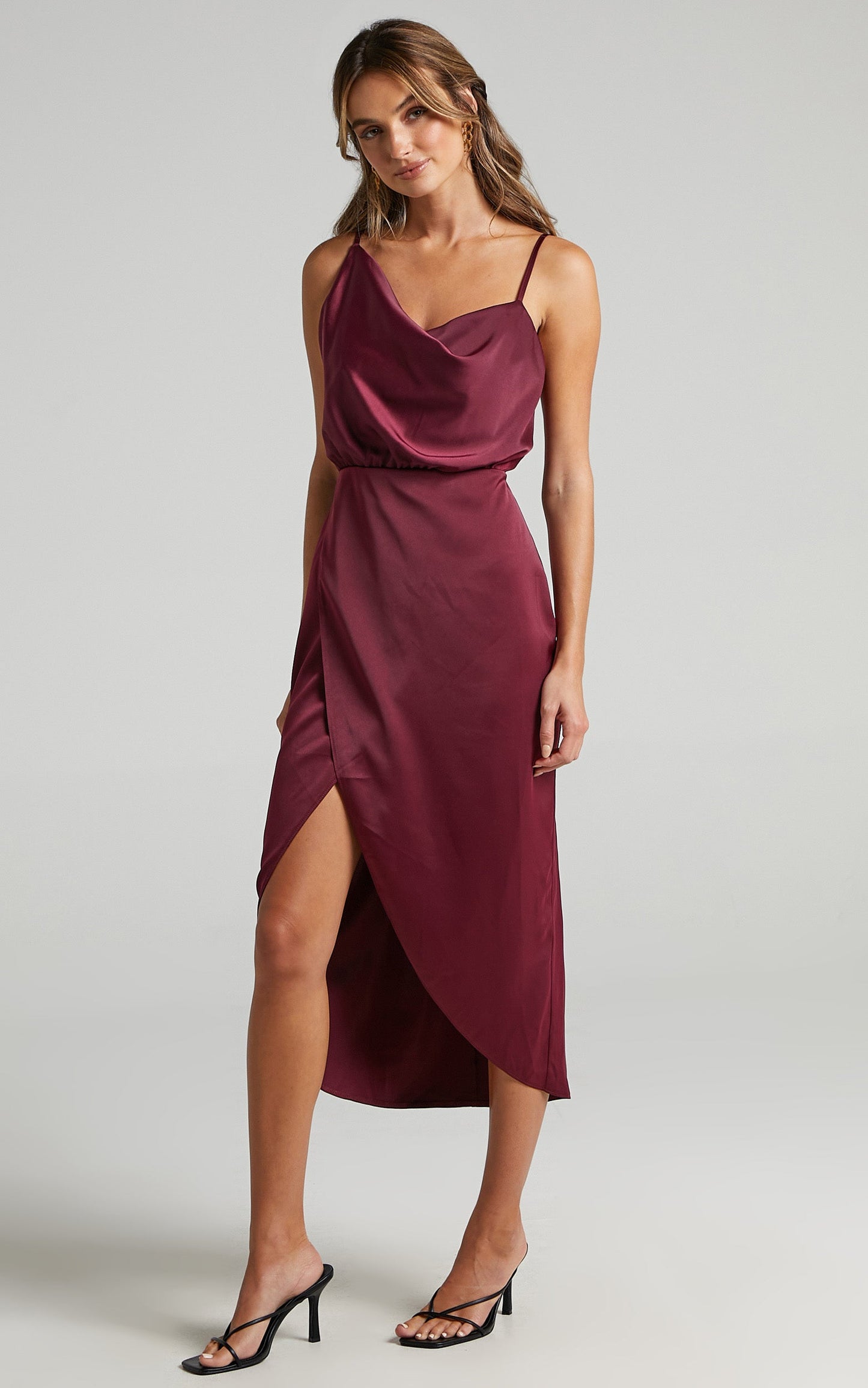 Sisters By Heart Midi Dress -  Asymmetric Cowl Neck Dress in Mulberry Satin
