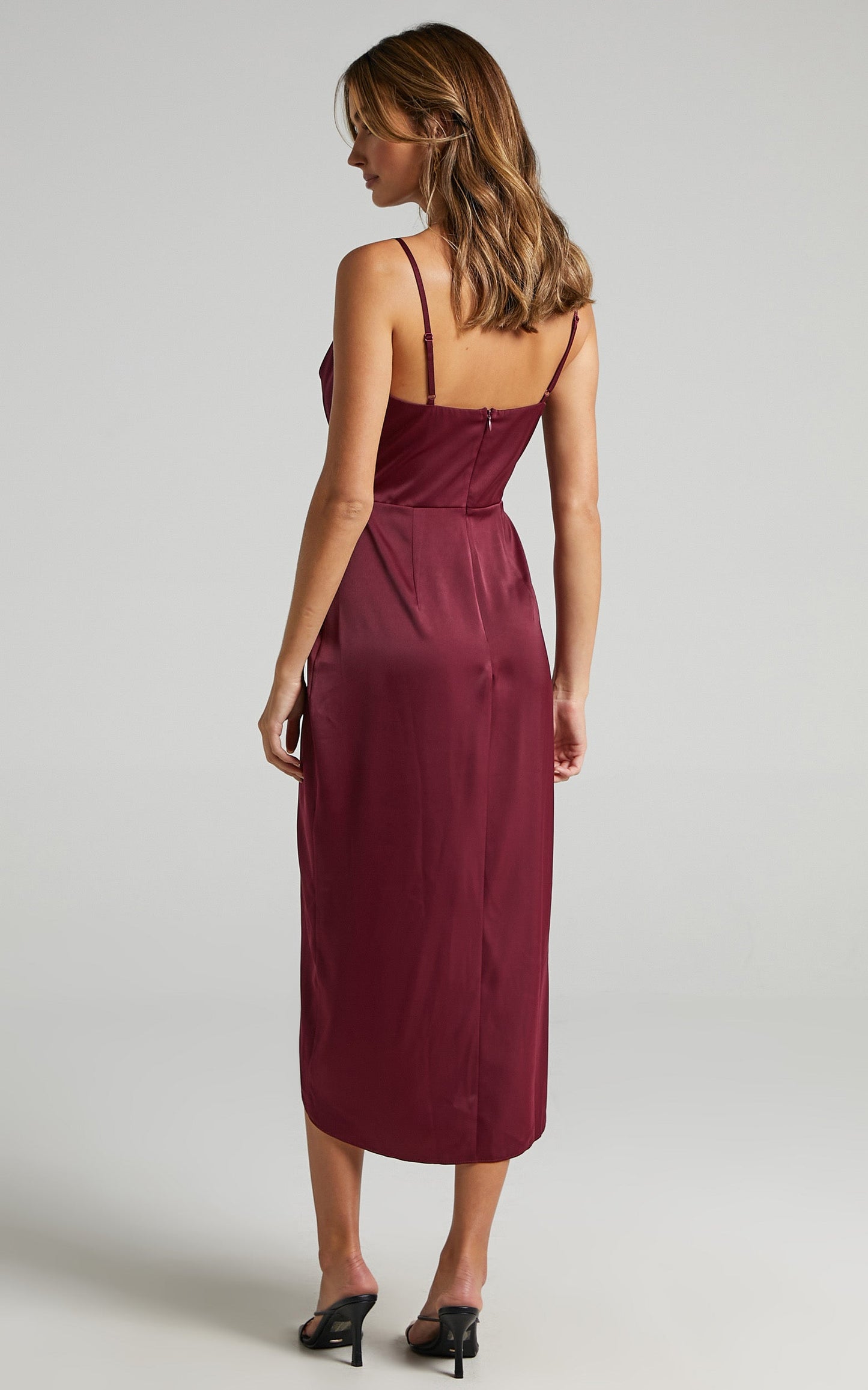 Sisters By Heart Midi Dress -  Asymmetric Cowl Neck Dress in Mulberry Satin