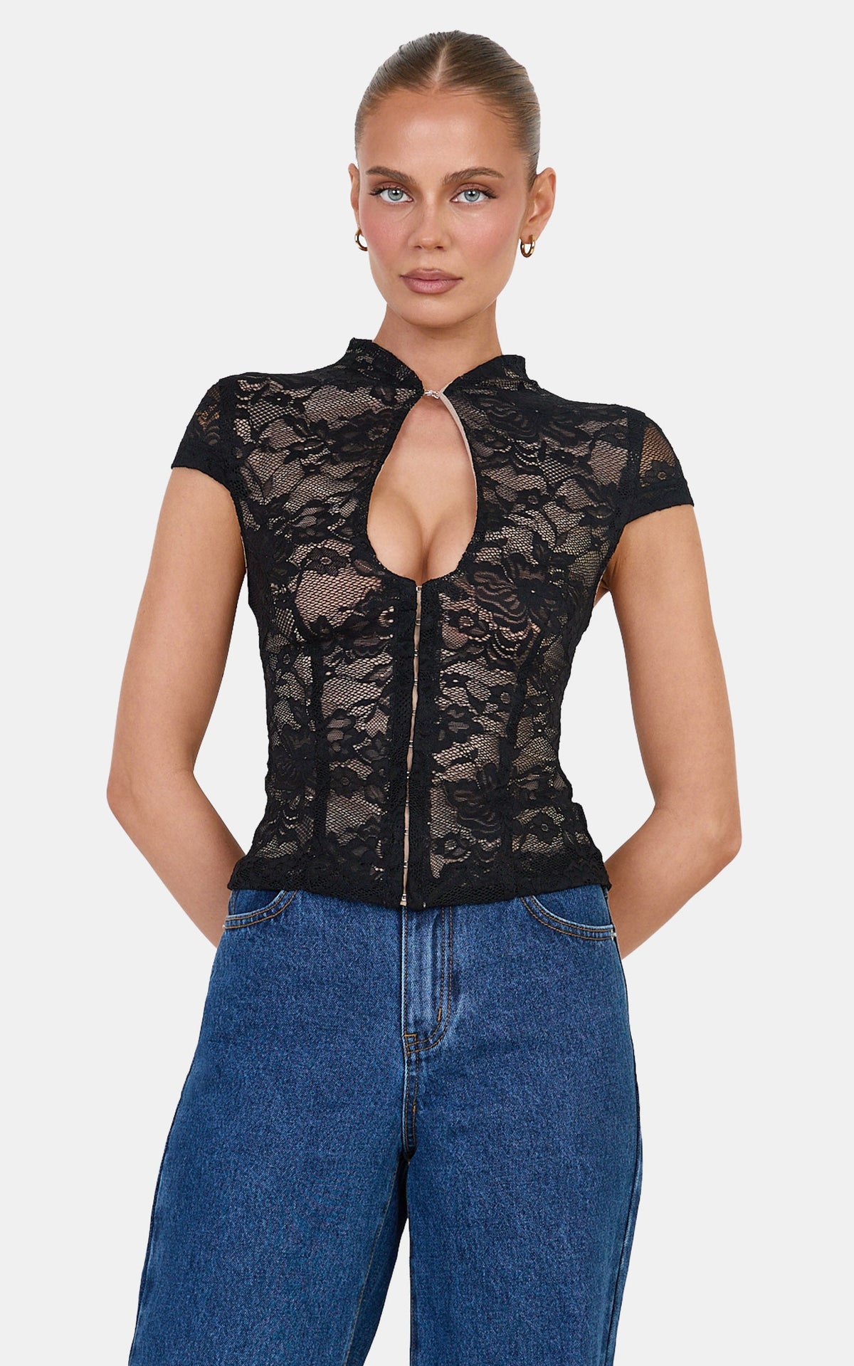 Nyla Top - Mandarin Collar Keyhole Lace Top in Black