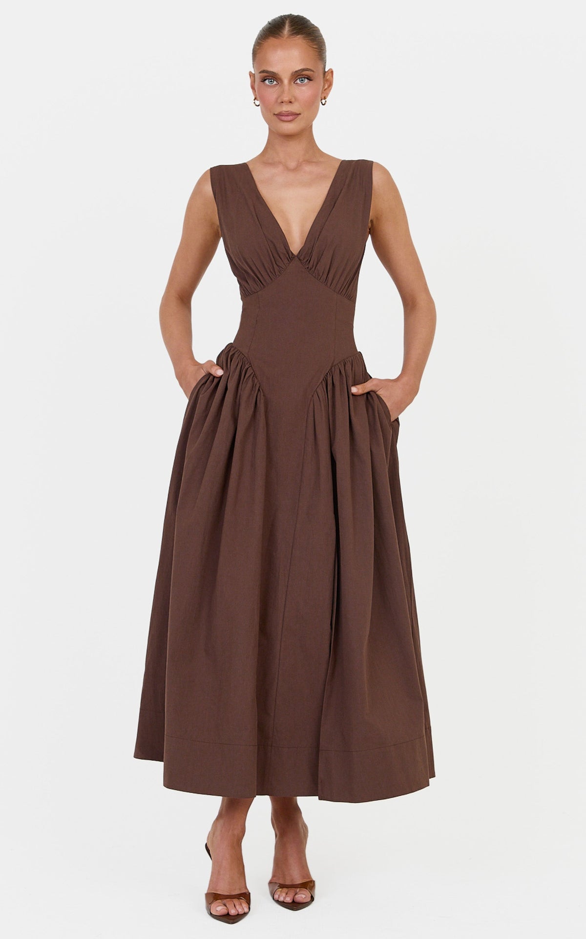Melody Midikleid – V-Ausschnitt A-Linien-Kleid in Schokoladenbraun