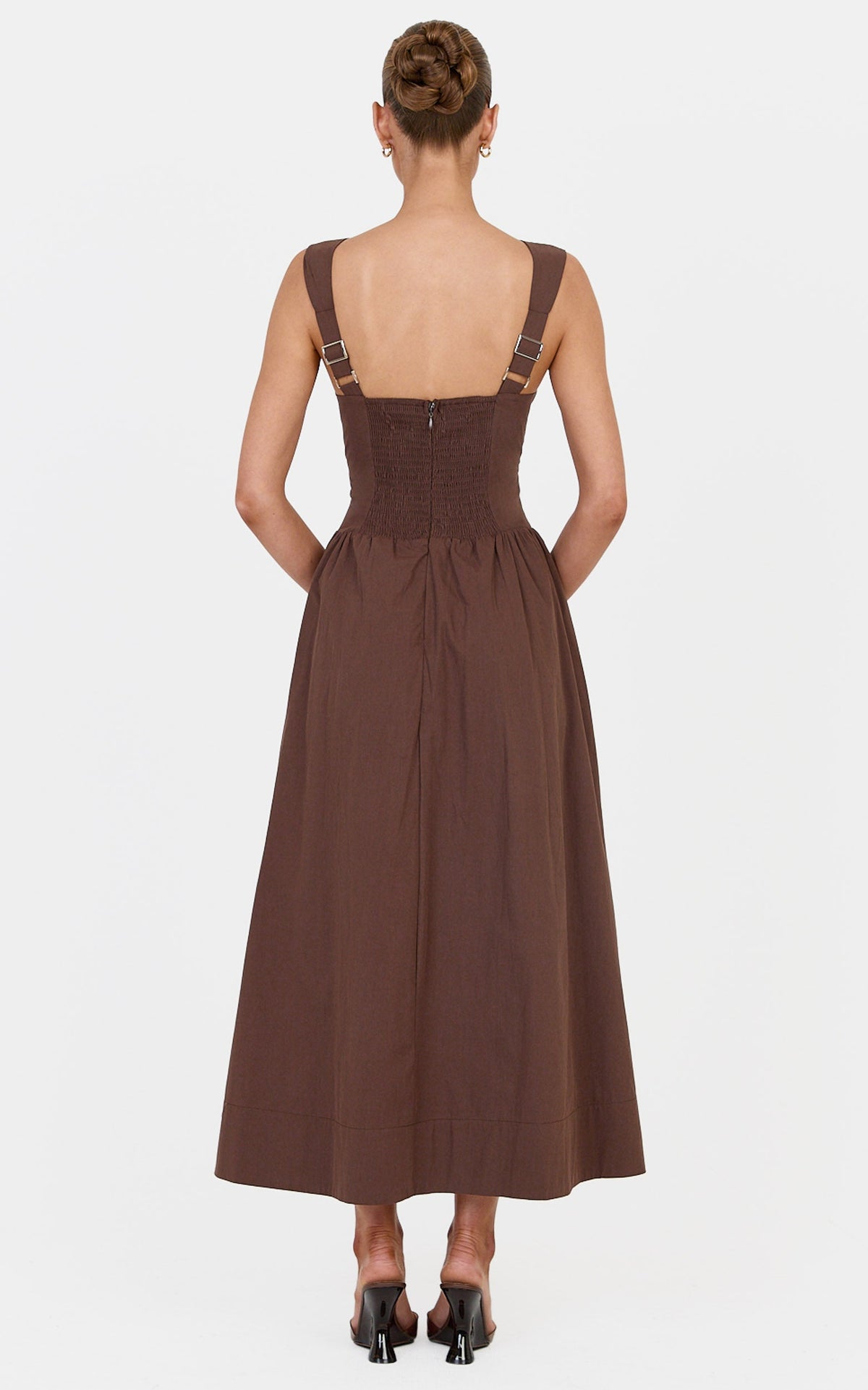 Melody Midikleid – V-Ausschnitt A-Linien-Kleid in Schokoladenbraun