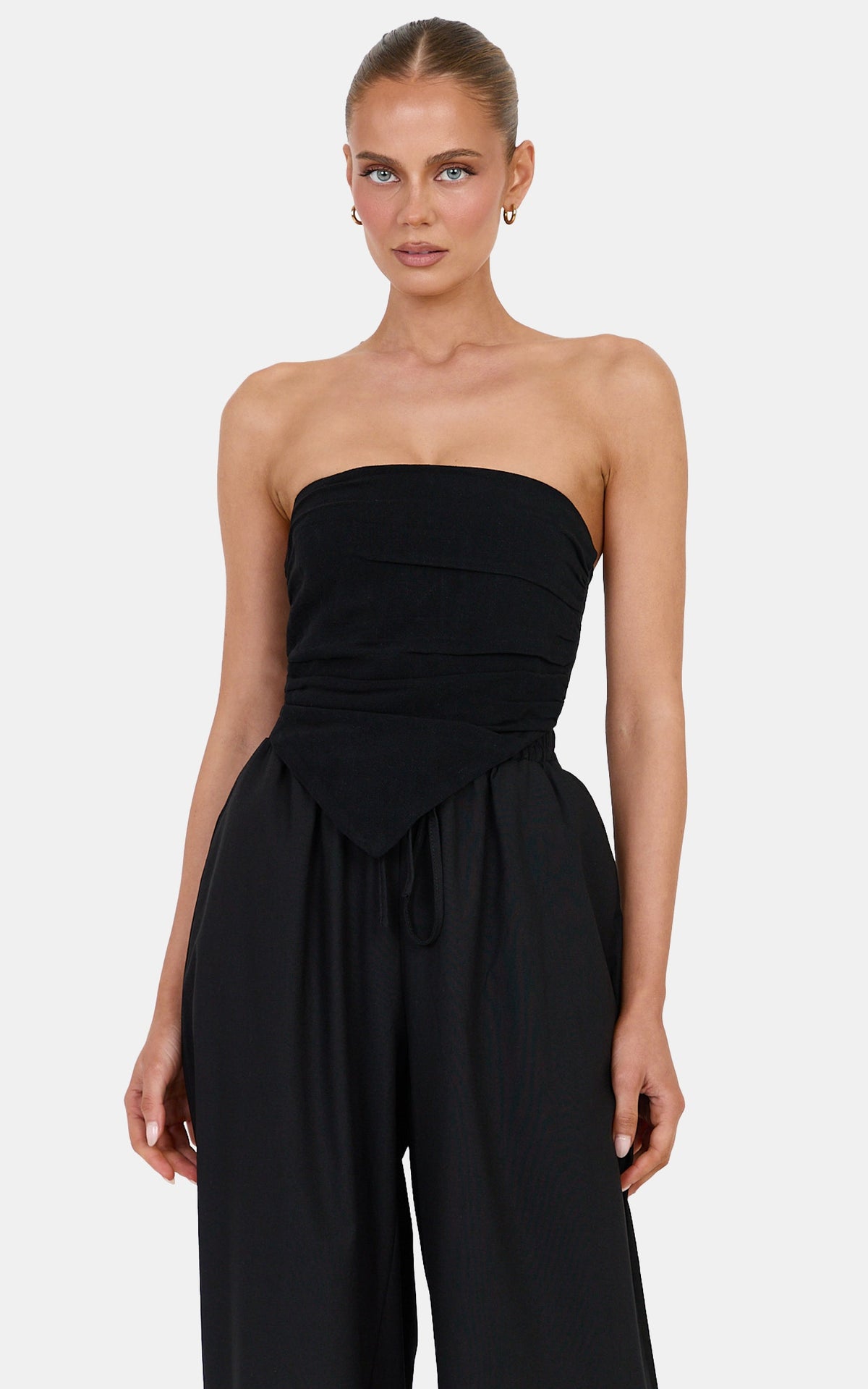 Norma Top - Strapless Linen Blend Scarf Tie Top in Black