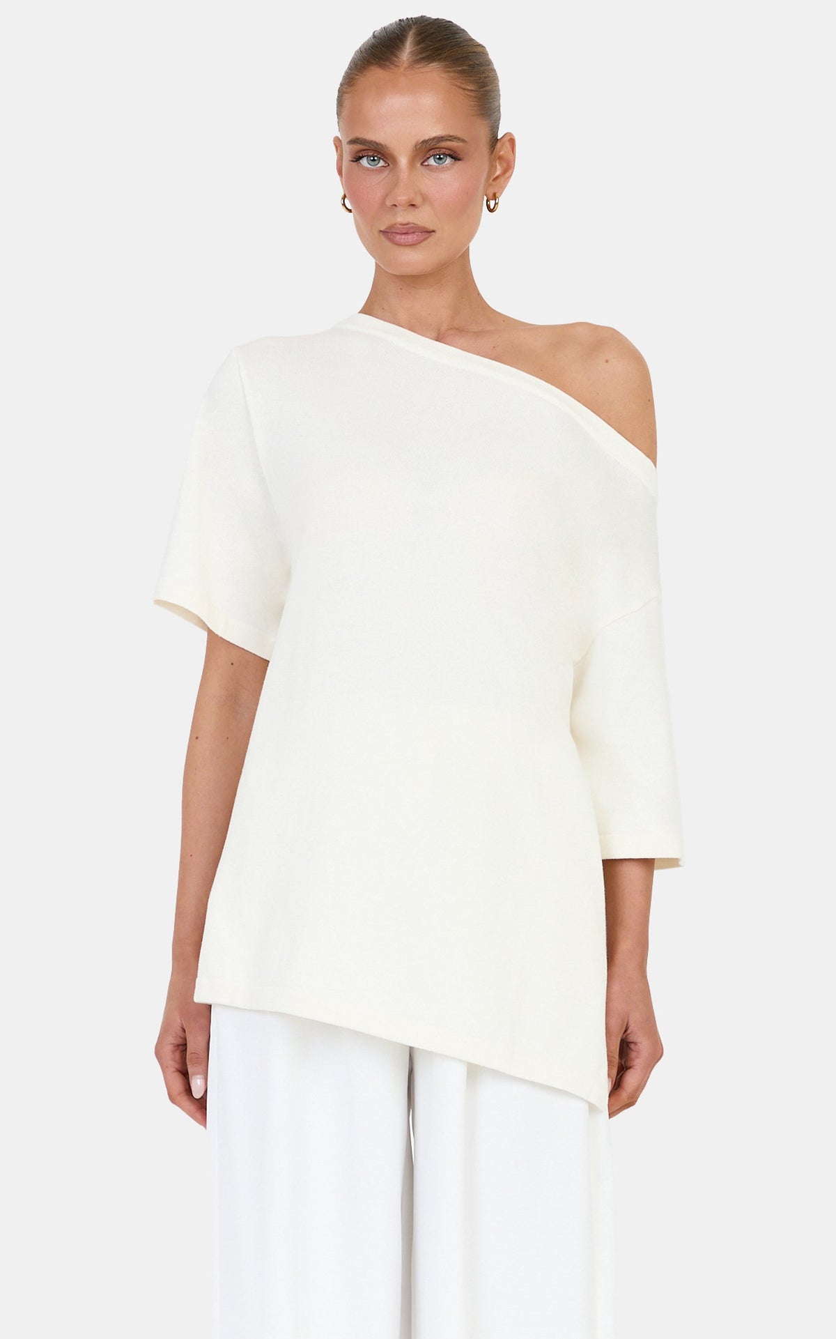 Angela Top - Oversized Asymmetrical Knit T Shirt in Ivory