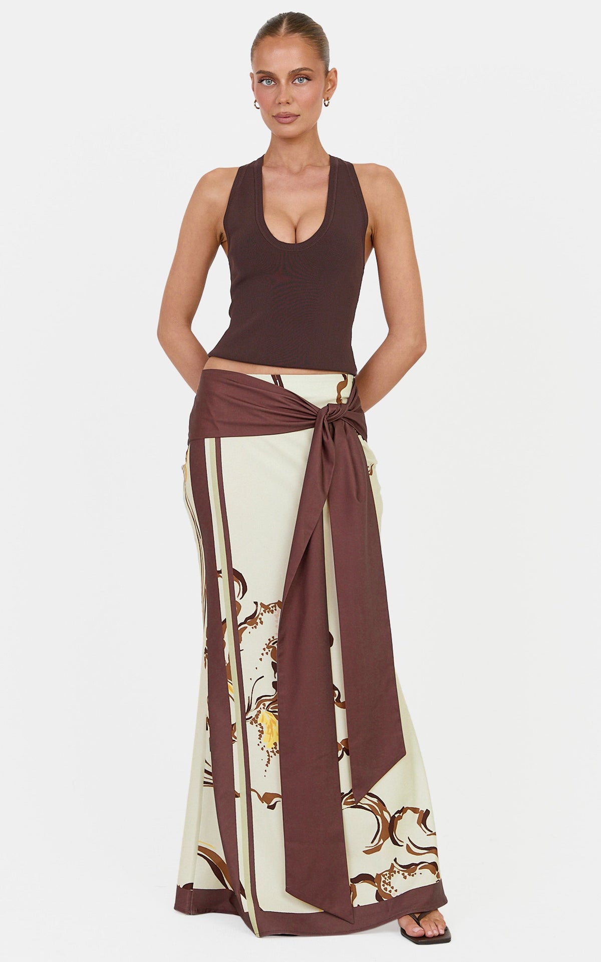 Katherine Maxi Skirt - Tie Waist Skirt in Pistachio Line Floral Print