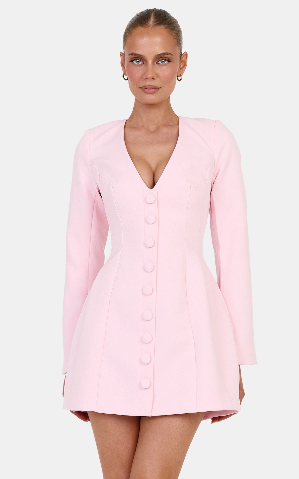 Lavendelfarbenes Minikleid – Blazer-Kleid mit weitem Ausschnitt und Knopfleiste in Babyrosa
