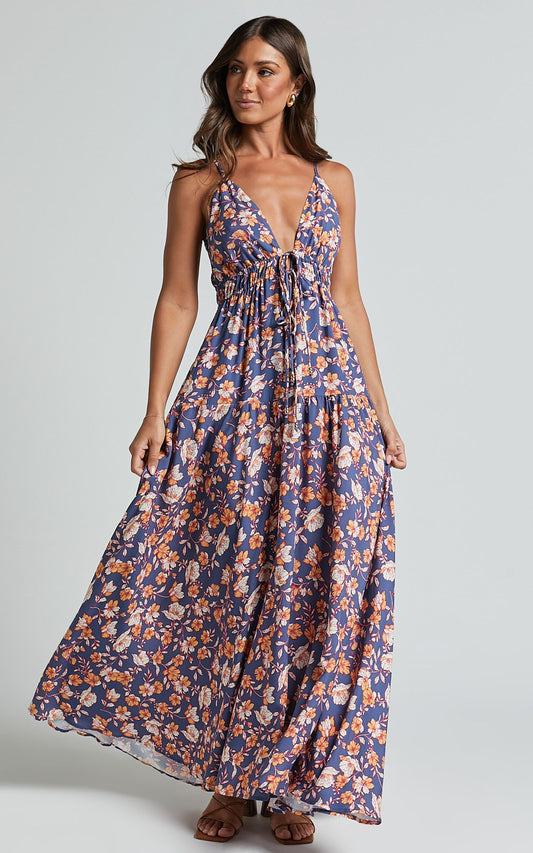 Aelita Maxi Dress - Strappy Tie Front Dress in Navy Floral