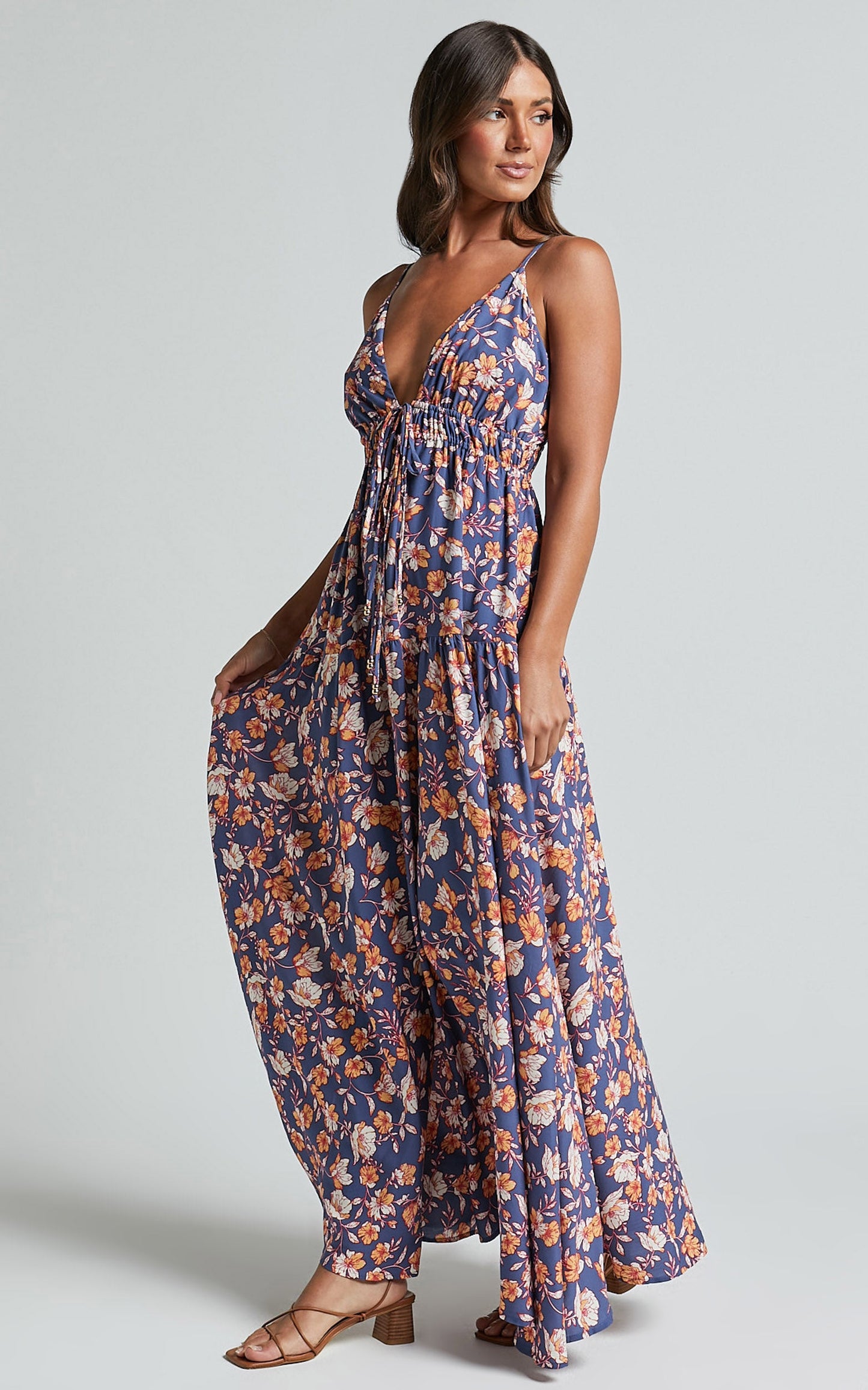 Aelita Maxi Dress - Strappy Tie Front Dress in Navy Floral