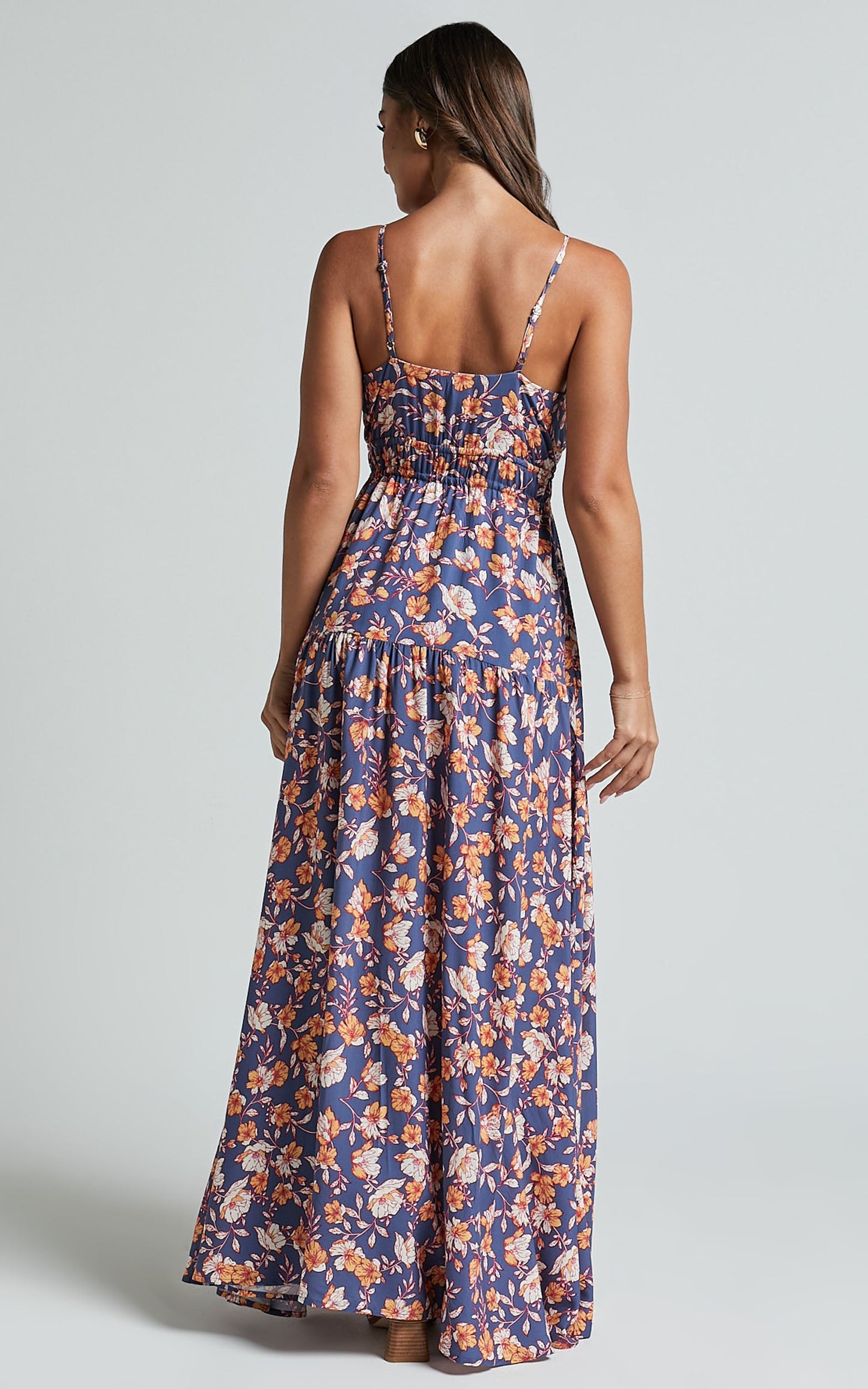 Aelita Maxi Dress - Strappy Tie Front Dress in Navy Floral