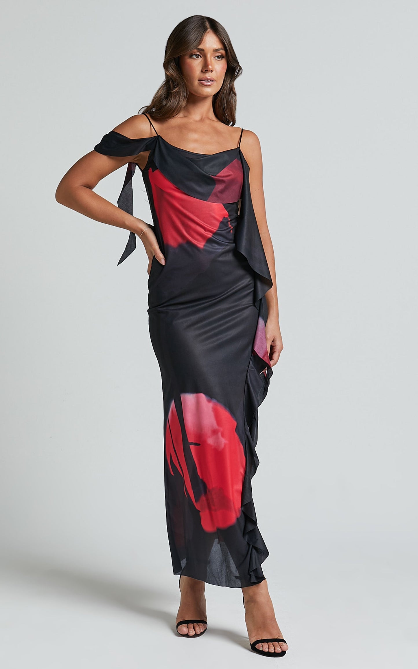 Daise Maxi Dress - Ruffle Detail Maxi Dress in Black and Red Floral
