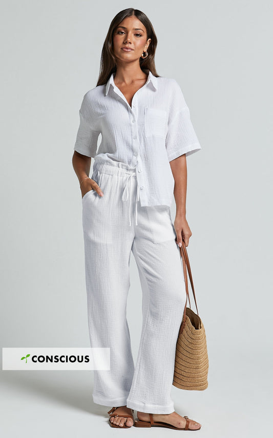 Donita Pants - Muslin Drawstring Relaxed Pants in White
