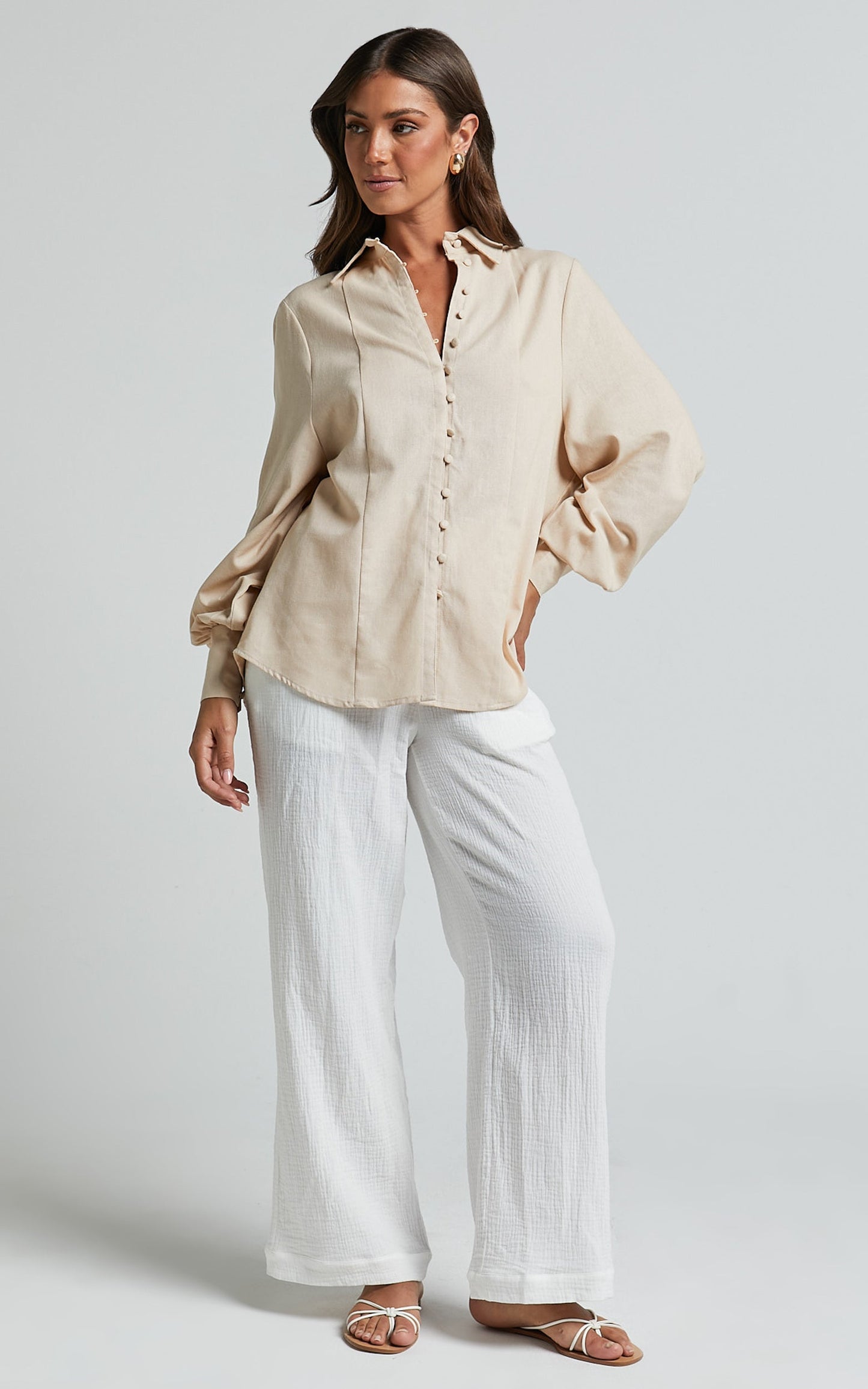 Kiva Blouse - Linen Long Sleeve Button Up Blouse in Beige