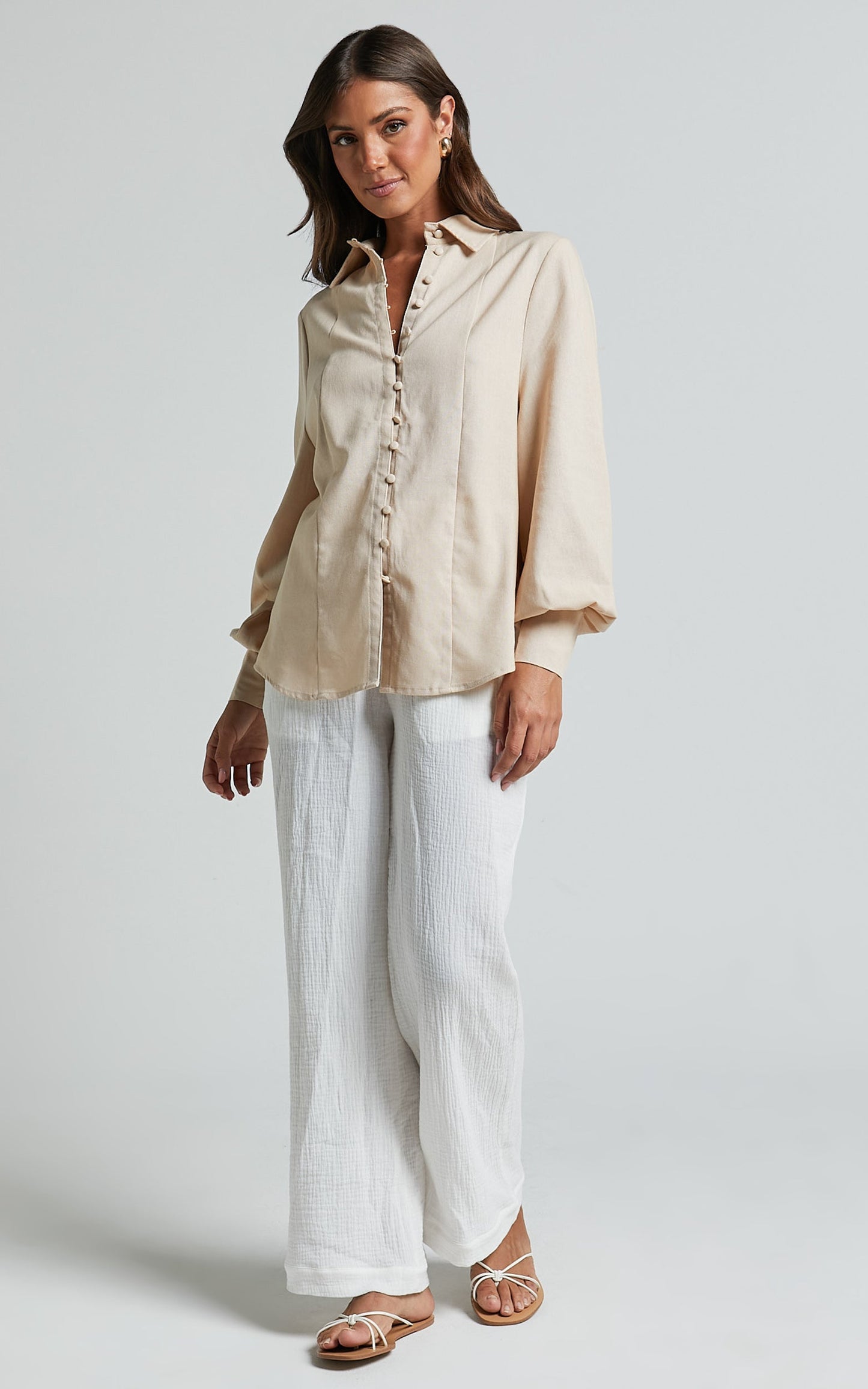 Kiva Blouse - Linen Long Sleeve Button Up Blouse in Beige