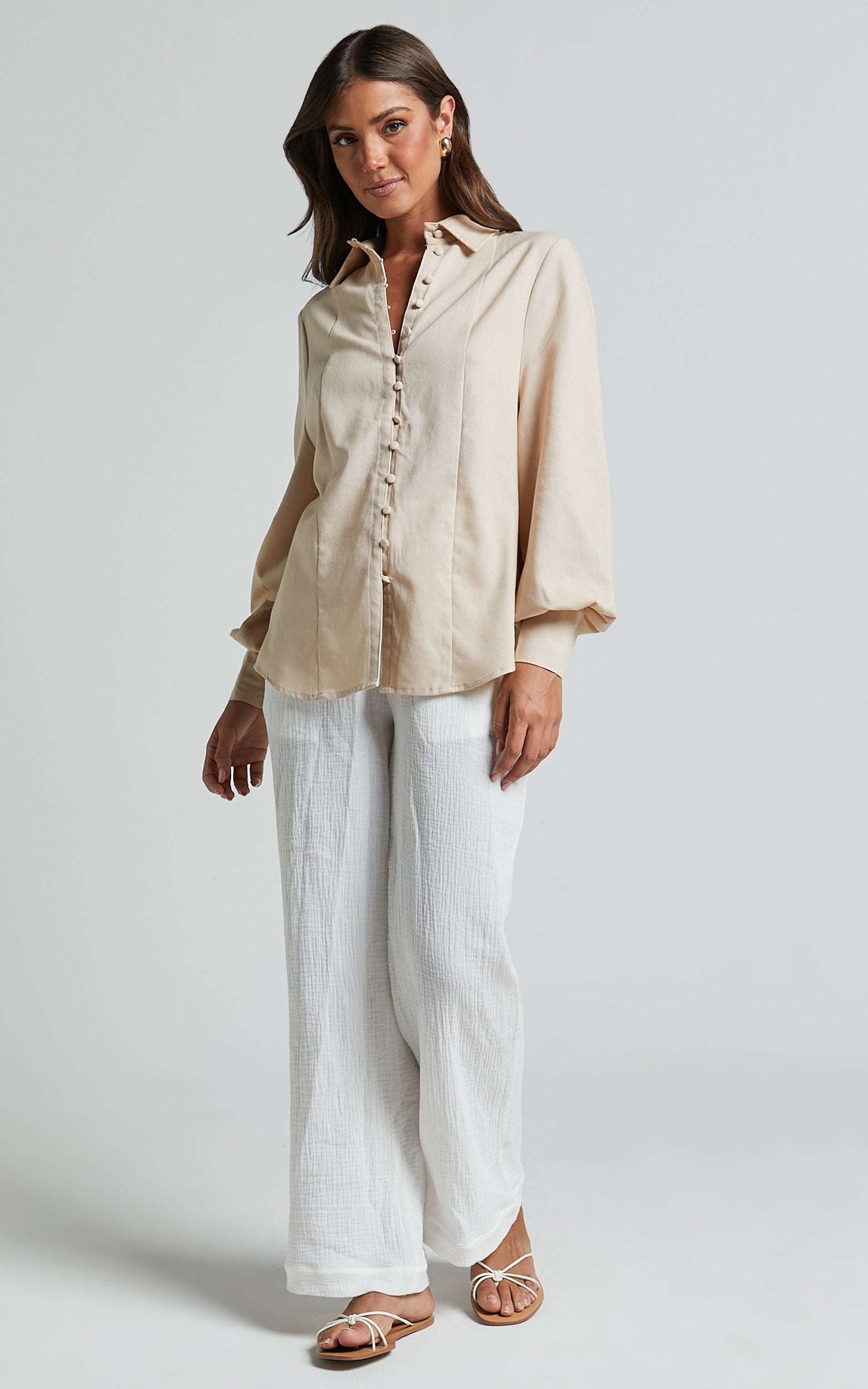 Kiva Blouse - Linen Long Sleeve Button Up Blouse in Beige