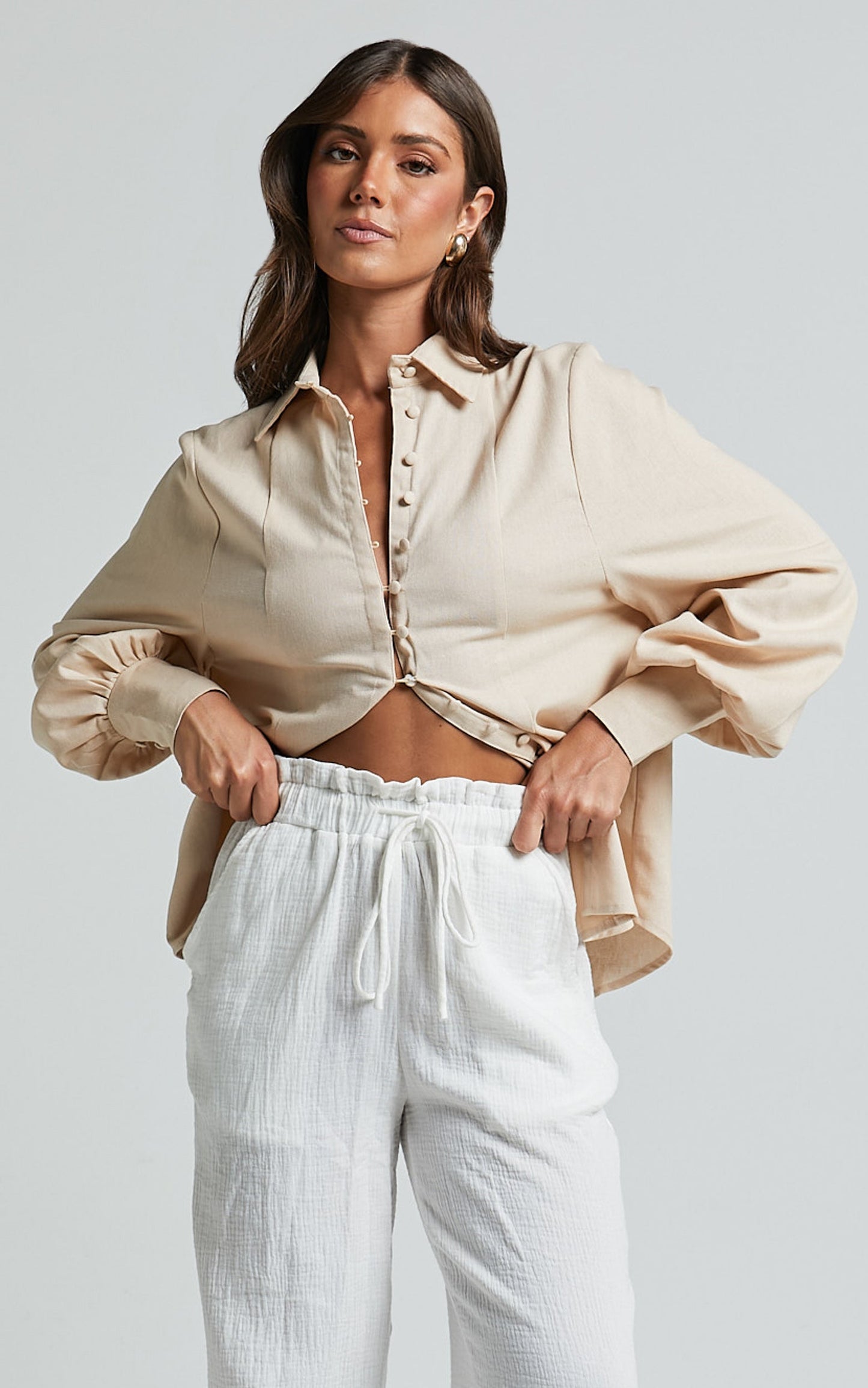 Kiva Blouse - Linen Long Sleeve Button Up Blouse in Beige