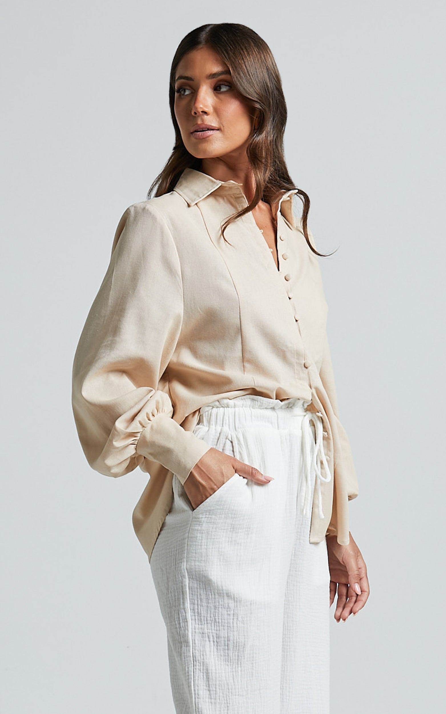 Kiva Blouse - Linen Long Sleeve Button Up Blouse in Beige