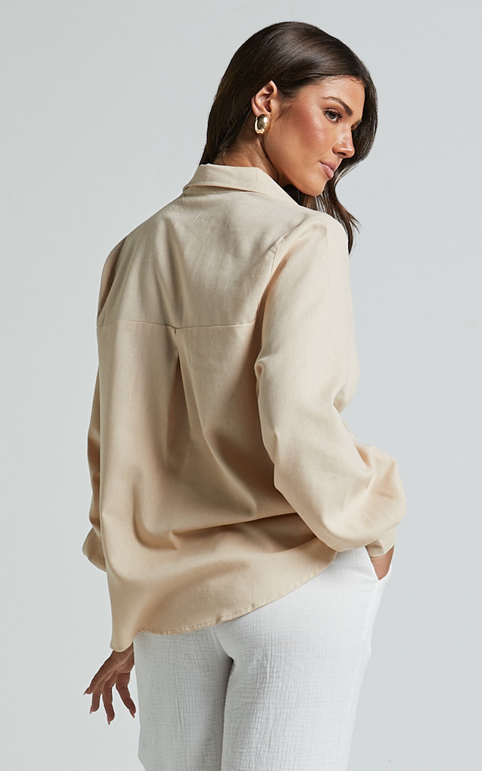 Kiva Blouse - Linen Long Sleeve Button Up Blouse in Beige