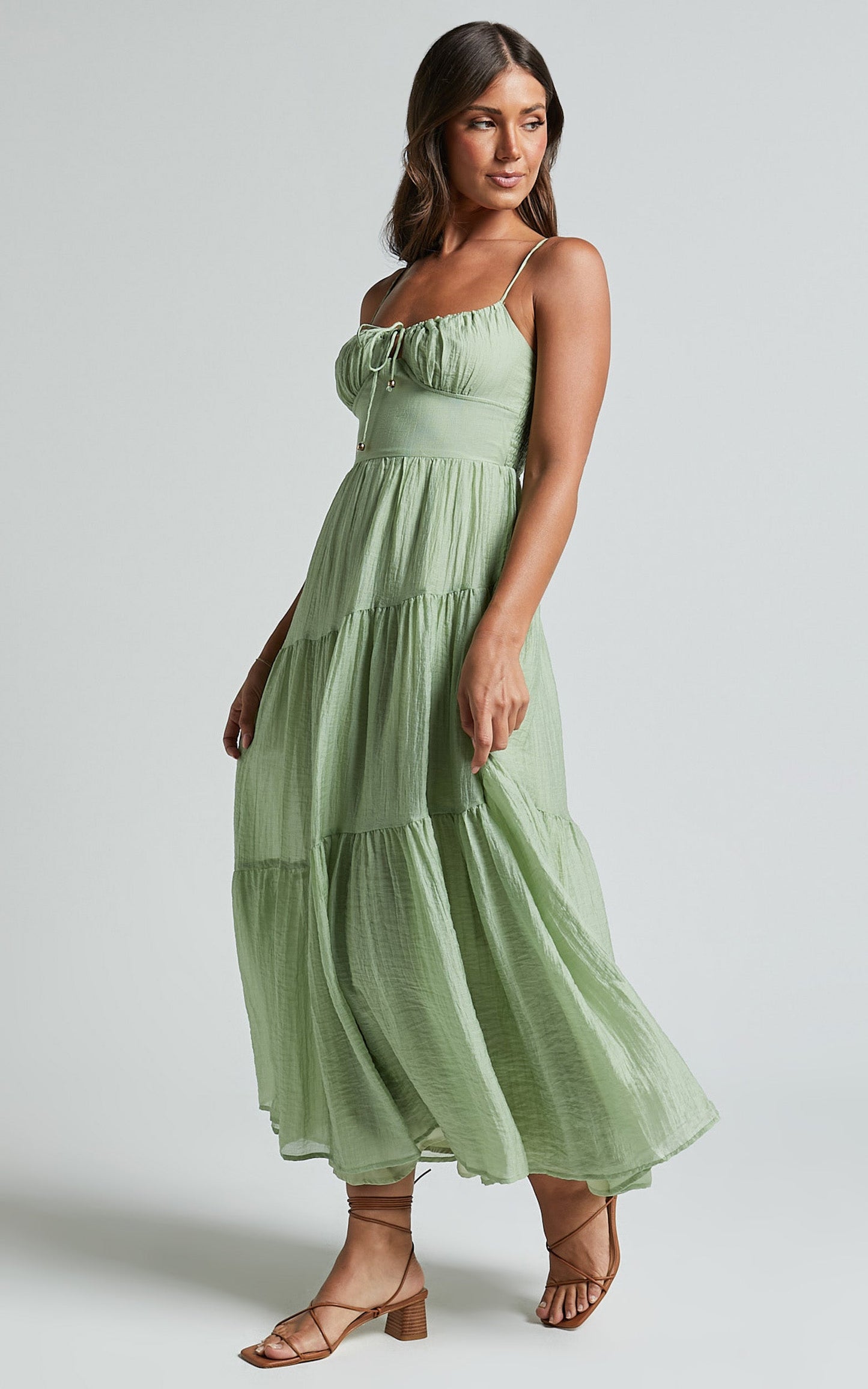 Rodeth Midi Dress - Ruched Bust Tie Front Tiered Dress in Sage