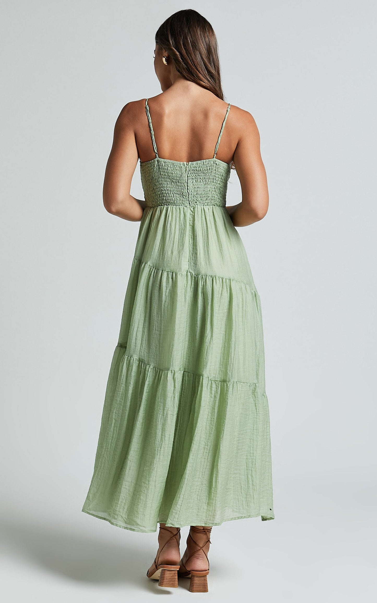 Rodeth Midi Dress - Ruched Bust Tie Front Tiered Dress in Sage